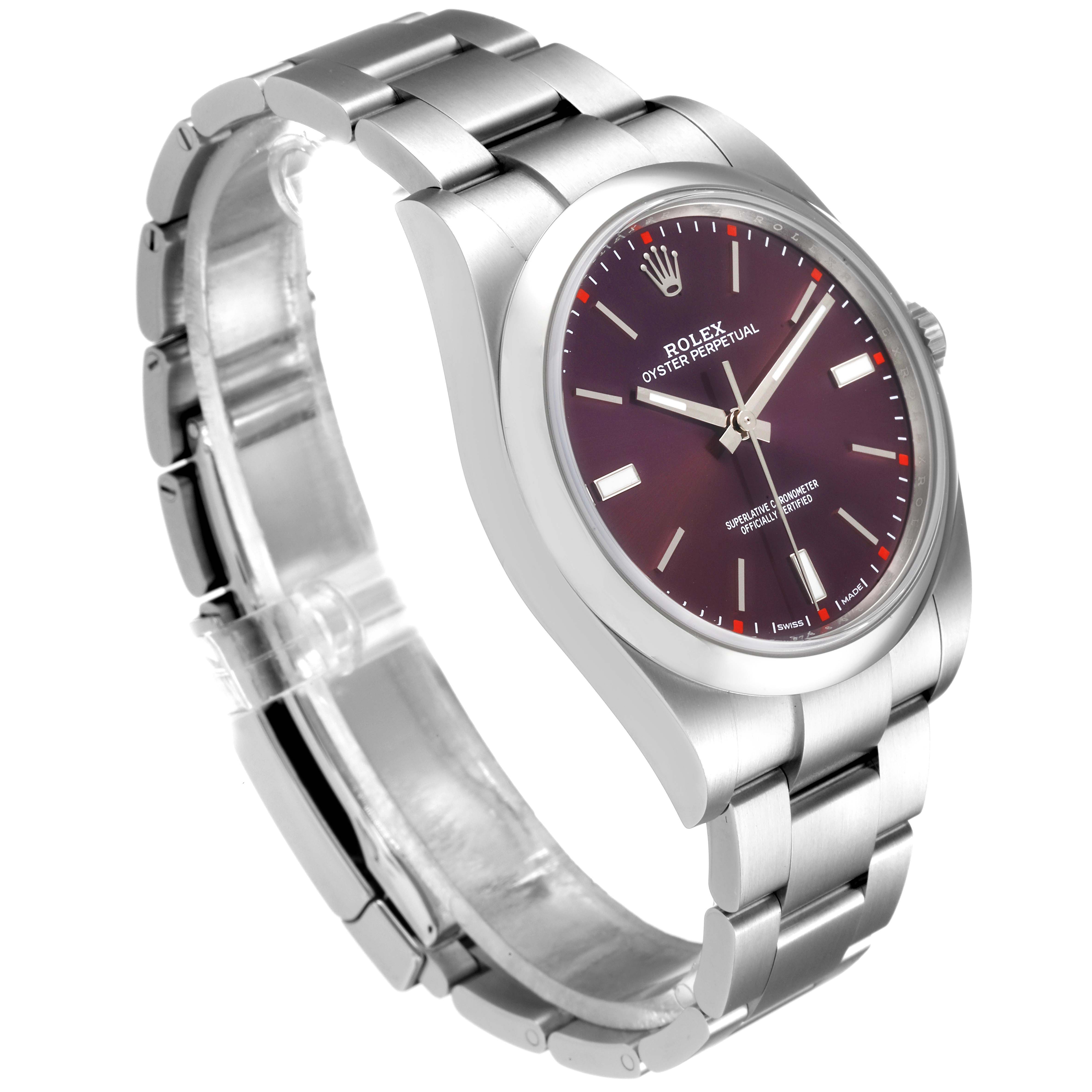 The image shows a side view of a Rolex Oyster Perpetual 114300 Men's Stainless Steel Burgundy Dial 114300 Men's Stainless Steel Burgundy Dial watch, highlighting its bracelet, case, and dial.