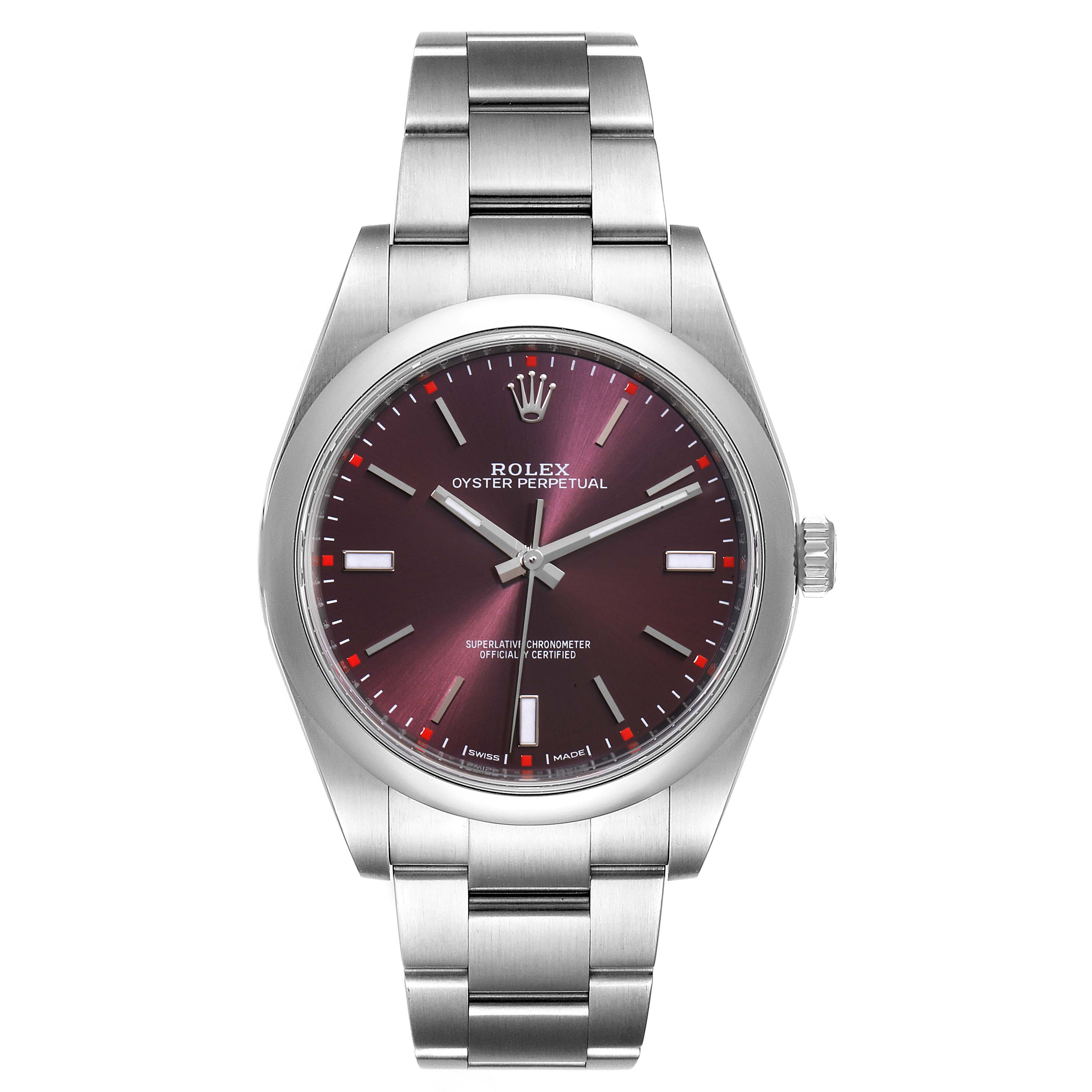 The image shows a front view of a Rolex Oyster Perpetual 114300 Men's Stainless Steel Burgundy Dial 114300 Men's Stainless Steel Burgundy Dial watch, displaying the dial, bezel, and bracelet.