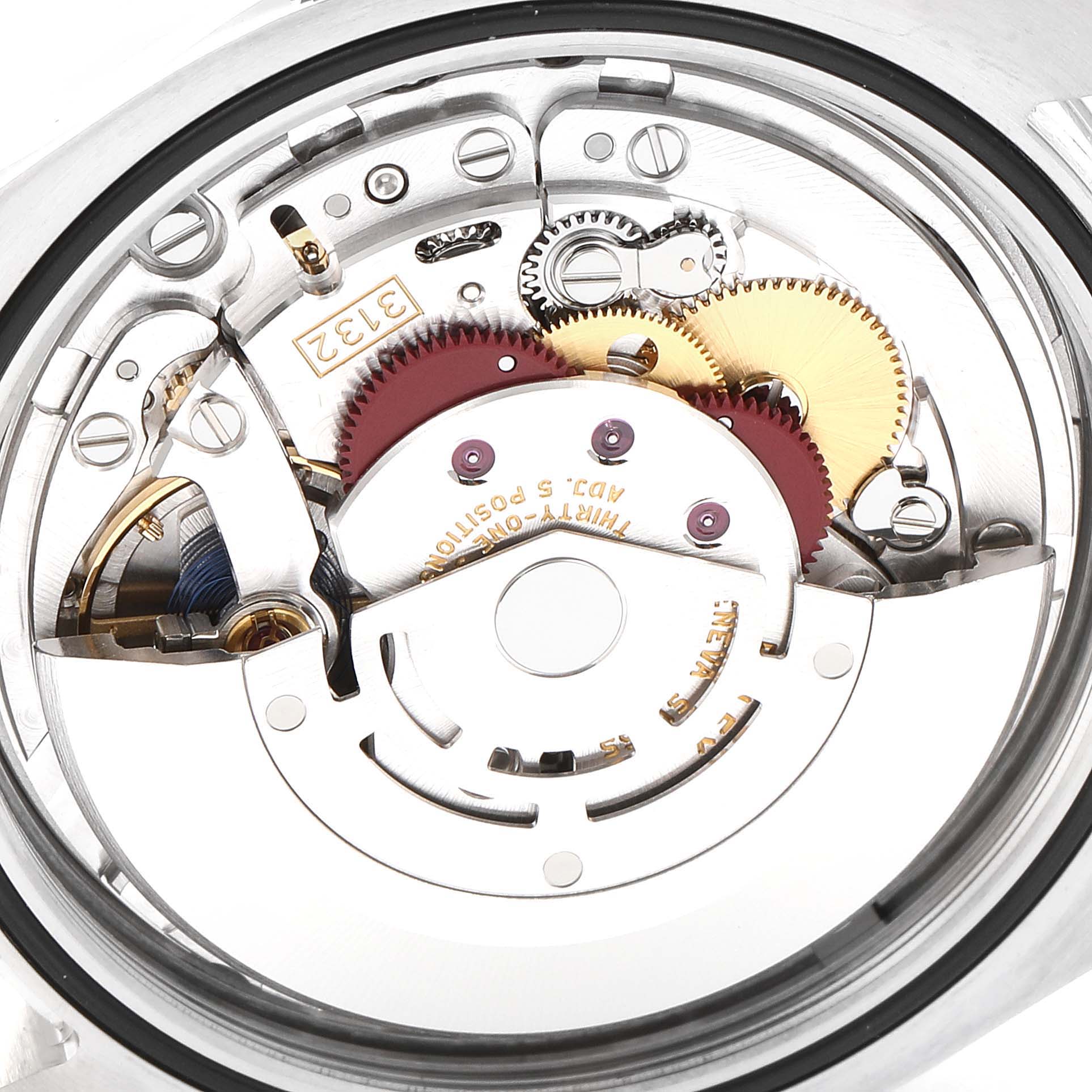 The image shows a close-up view of the intricate internal mechanism of a Rolex Oyster Perpetual 114300 Men's Stainless Steel Burgundy Dial 114300 Men's Stainless Steel Burgundy Dial watch.