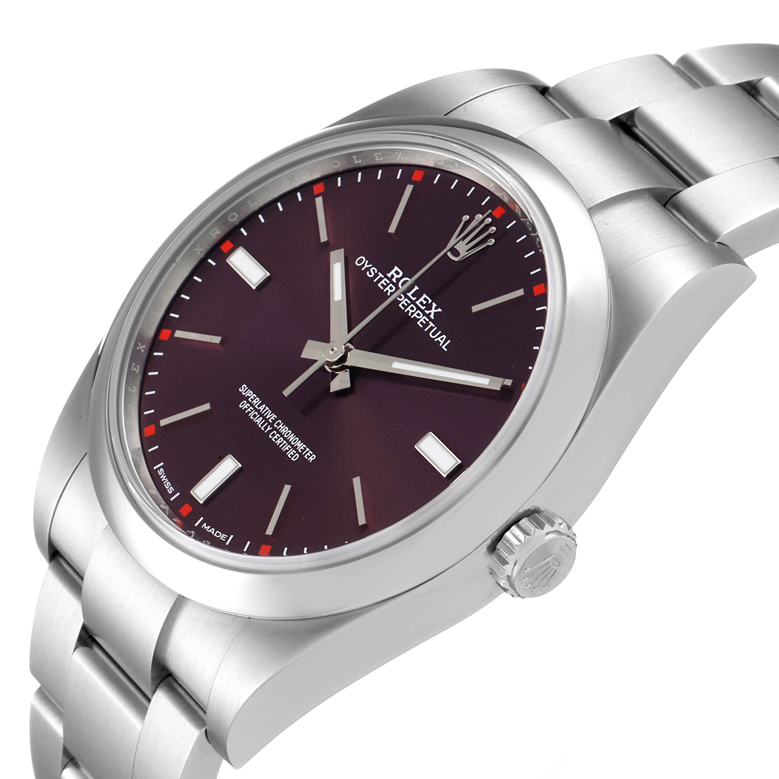 The Rolex Oyster Perpetual 114300 Men's Stainless Steel Burgundy Dial 114300 Men's Stainless Steel Burgundy Dial watch is shown at an angled view, highlighting the dial, bezel, crown, and part of the bracelet.