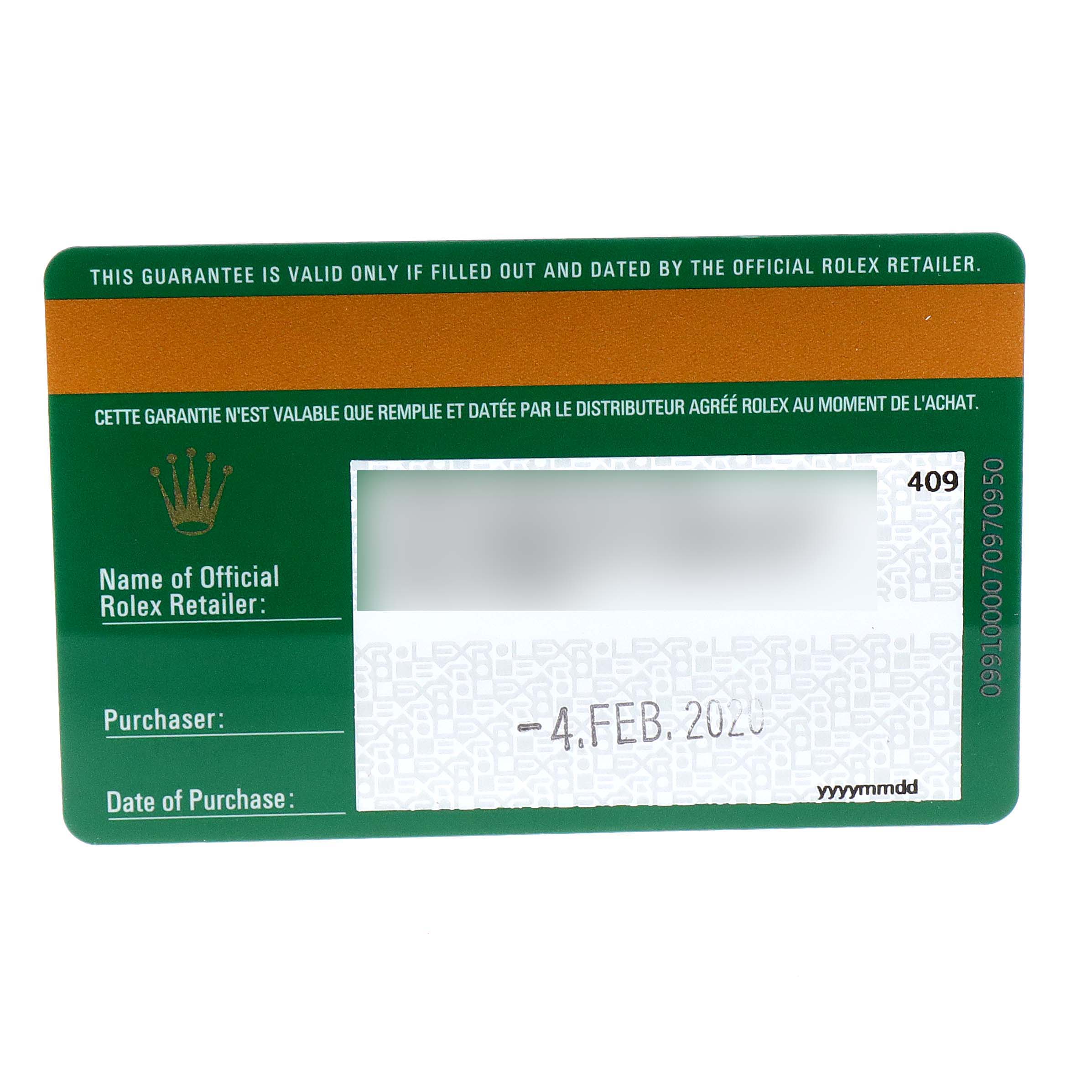 This image shows the warranty card for a Rolex Oyster Perpetual 114300 Men's Stainless Steel Burgundy Dial 114300 Men's Stainless Steel Burgundy Dial model, displaying the purchase date and official retailer details.