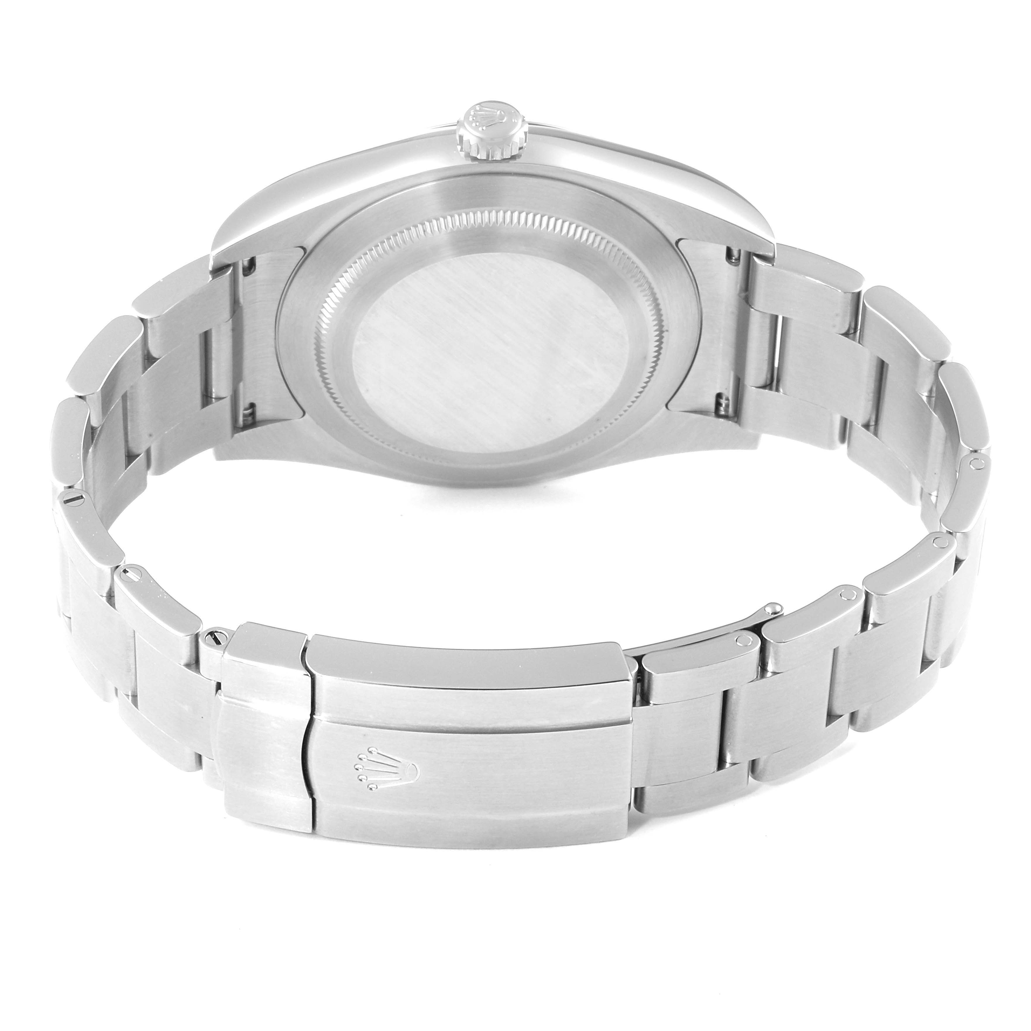 The image shows the backside and bracelet of the Rolex Oyster Perpetual 114300 Men's Stainless Steel Burgundy Dial 114300 Men's Stainless Steel Burgundy Dial watch, highlighting the clasp and case back.