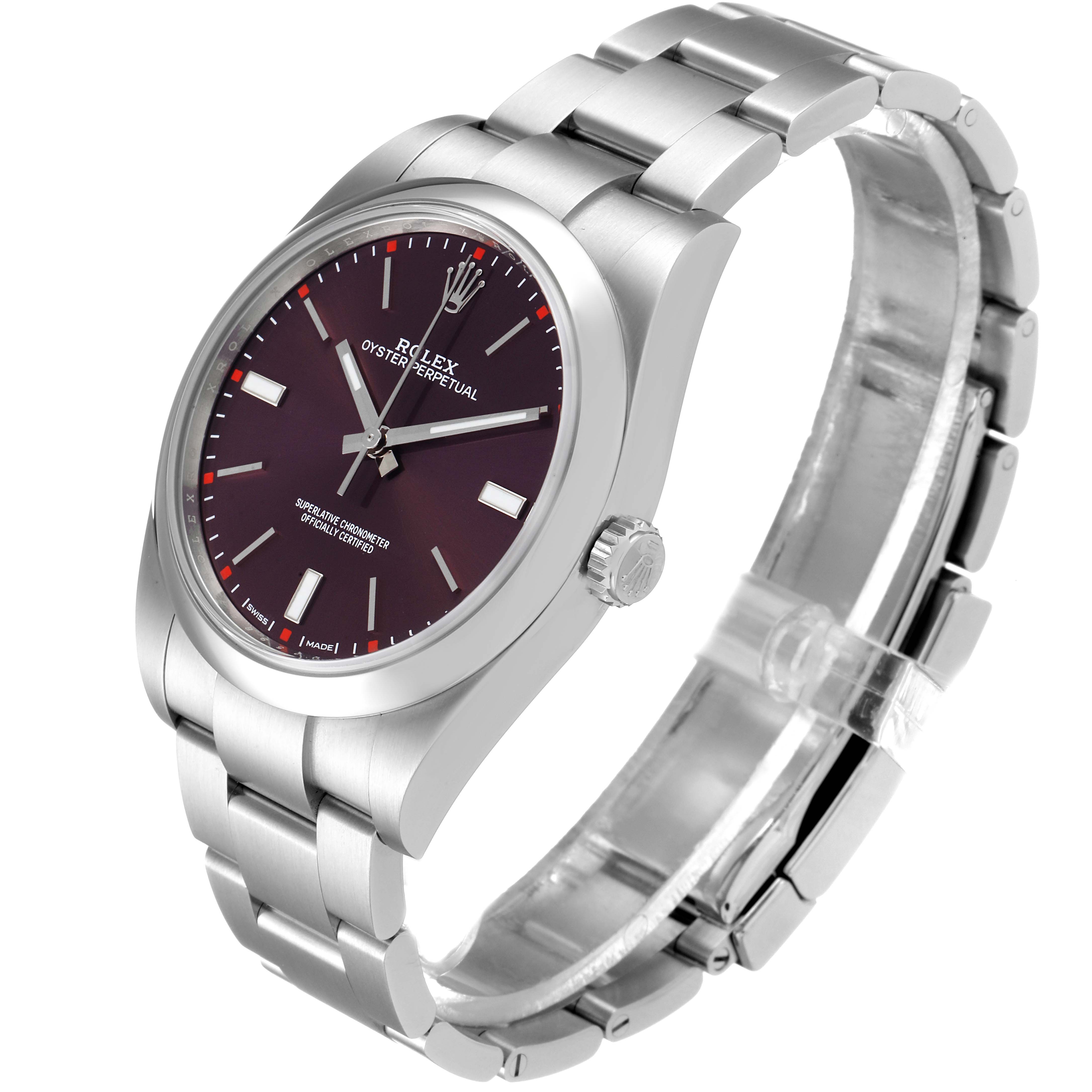 The image shows a side and front angle of a Rolex Oyster Perpetual 114300 Men's Stainless Steel Burgundy Dial 114300 Men's Stainless Steel Burgundy Dial watch featuring its face, case, and partially open metal bracelet.