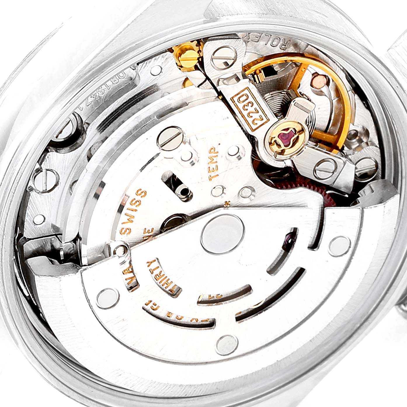 The image displays the intricate internal mechanical movement of the Rolex Oyster Perpetual 76094 Women
s Stainless Steel Pink Dial 76094 Women
s Stainless Steel Pink Dial watch at a close-up angle.