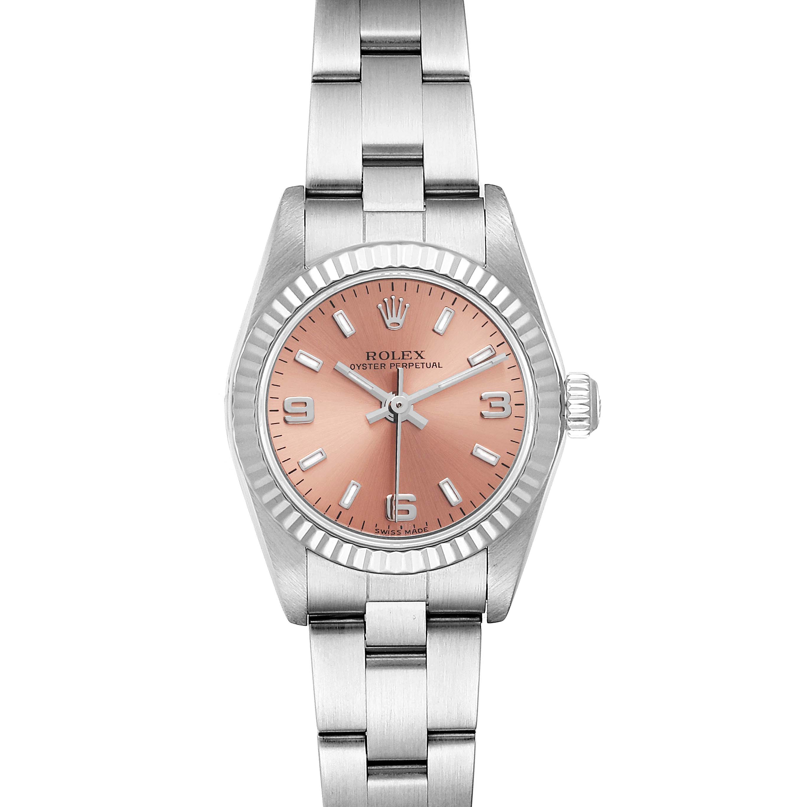 This image shows a front view of the Rolex Oyster Perpetual 76094 Women
s Stainless Steel Pink Dial 76094 Women
s Stainless Steel Pink Dial watch, featuring its face, bezel, and bracelet.