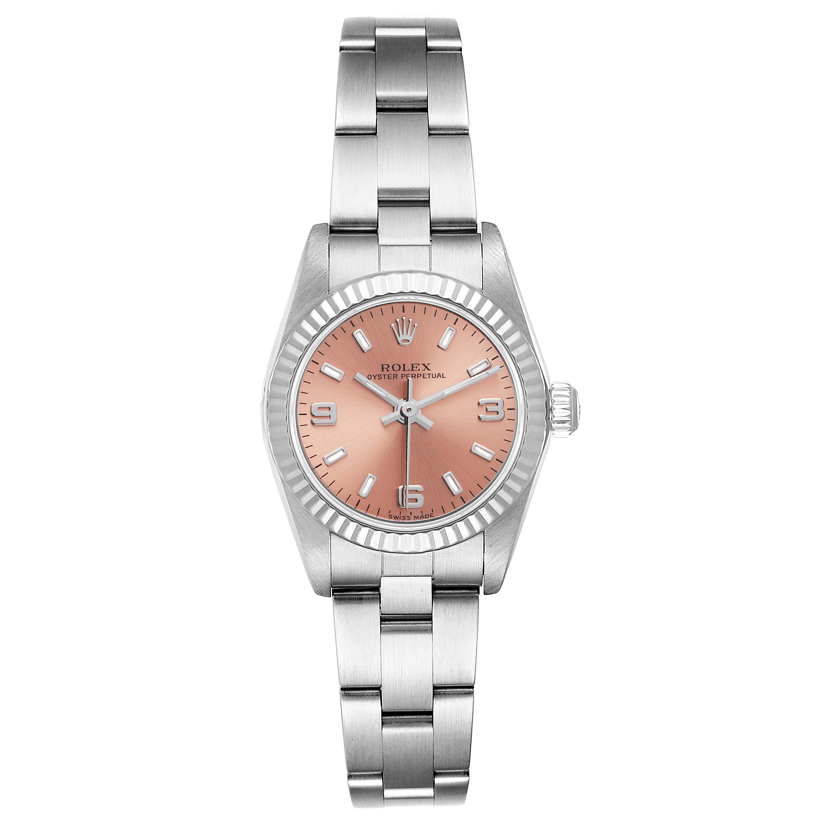 This is a front view of a Rolex Oyster Perpetual 76094 Women
s Stainless Steel Pink Dial 76094 Women
s Stainless Steel Pink Dial watch, showing its bracelet, case, dial, and hands.