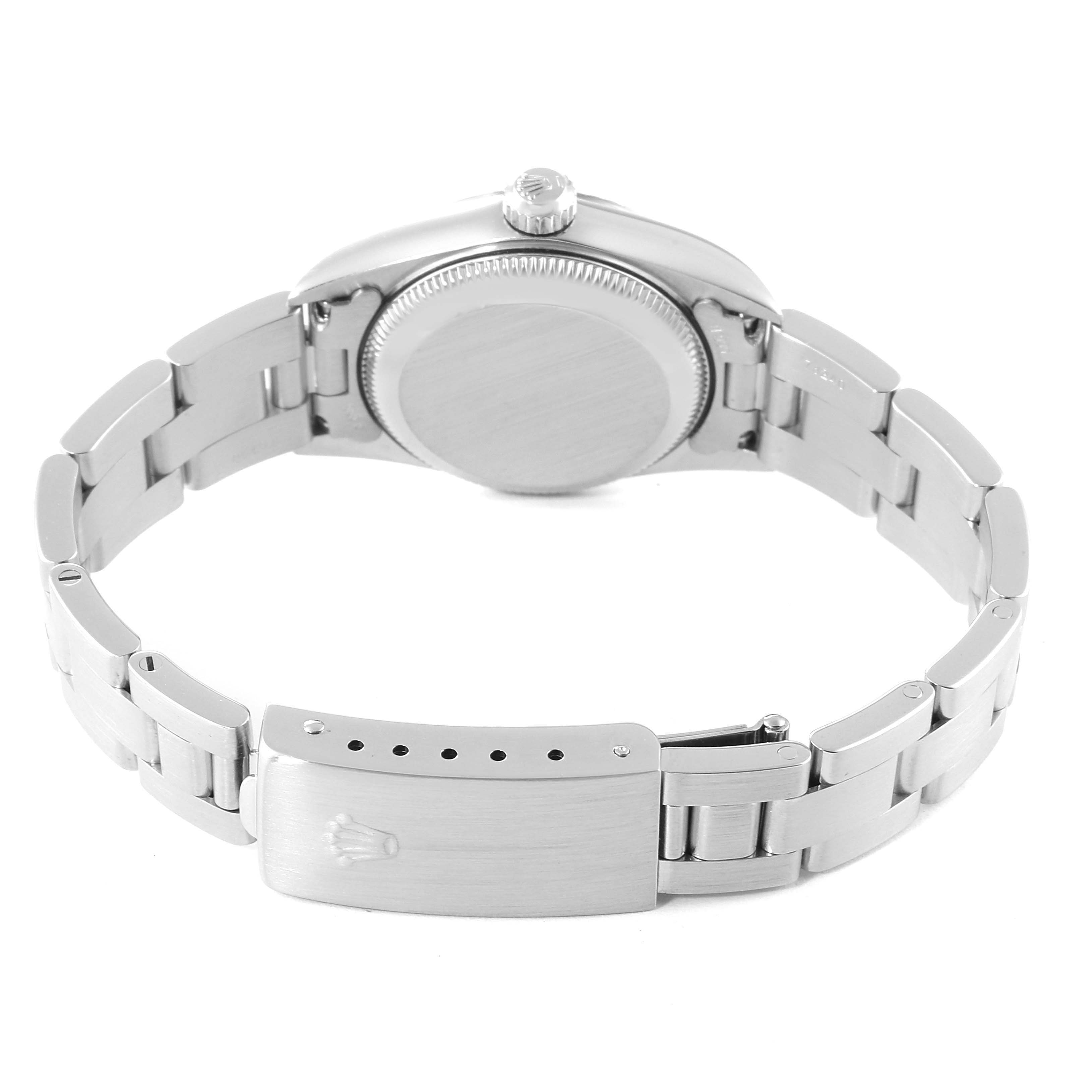 This image shows the back case and bracelet clasp of a Rolex Oyster Perpetual 76094 Women
s Stainless Steel Pink Dial 76094 Women
s Stainless Steel Pink Dial watch from a rear angle.