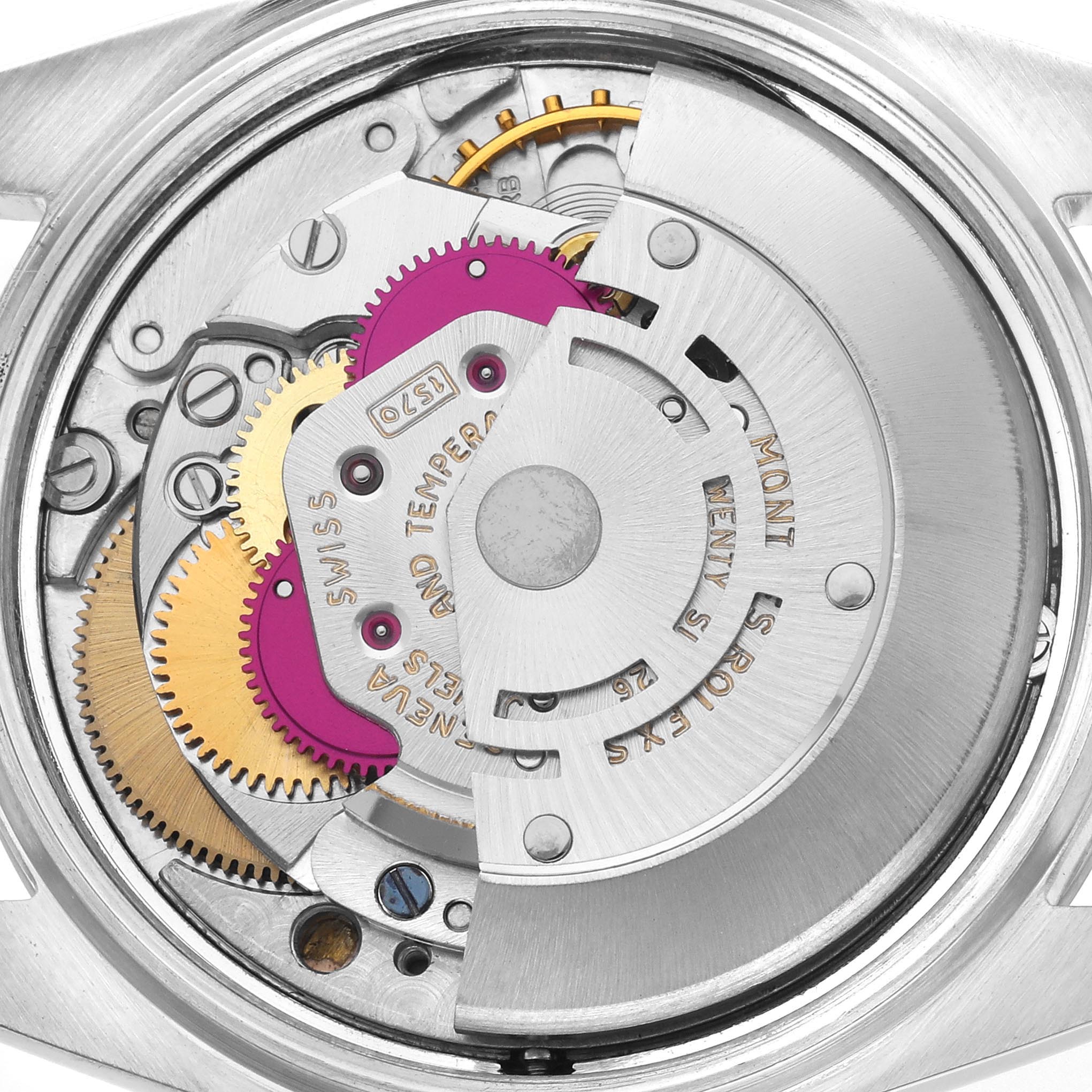 The image shows the internal movement of a Rolex Vintage Collection 1018 Men's Stainless Steel Silver Dial 1018 Men's Stainless Steel Silver Dial watch, highlighting gears and components from a rear angle.