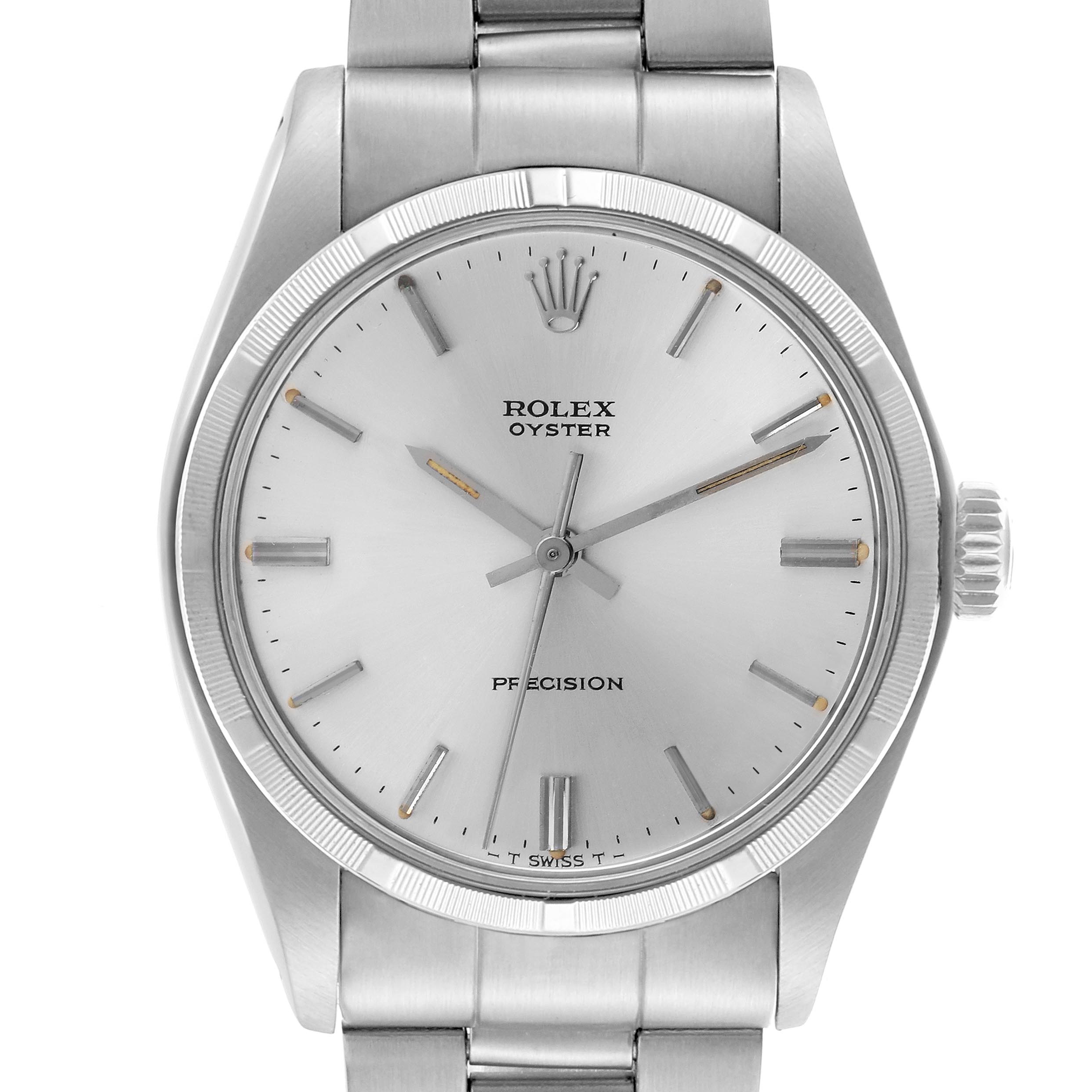 The image shows the face, bezel, and part of the bracelet of a Rolex Vintage Collection 6427 Men
s Stainless Steel Silver Dial 6427 Men
s Stainless Steel Silver Dial watch from a front view.