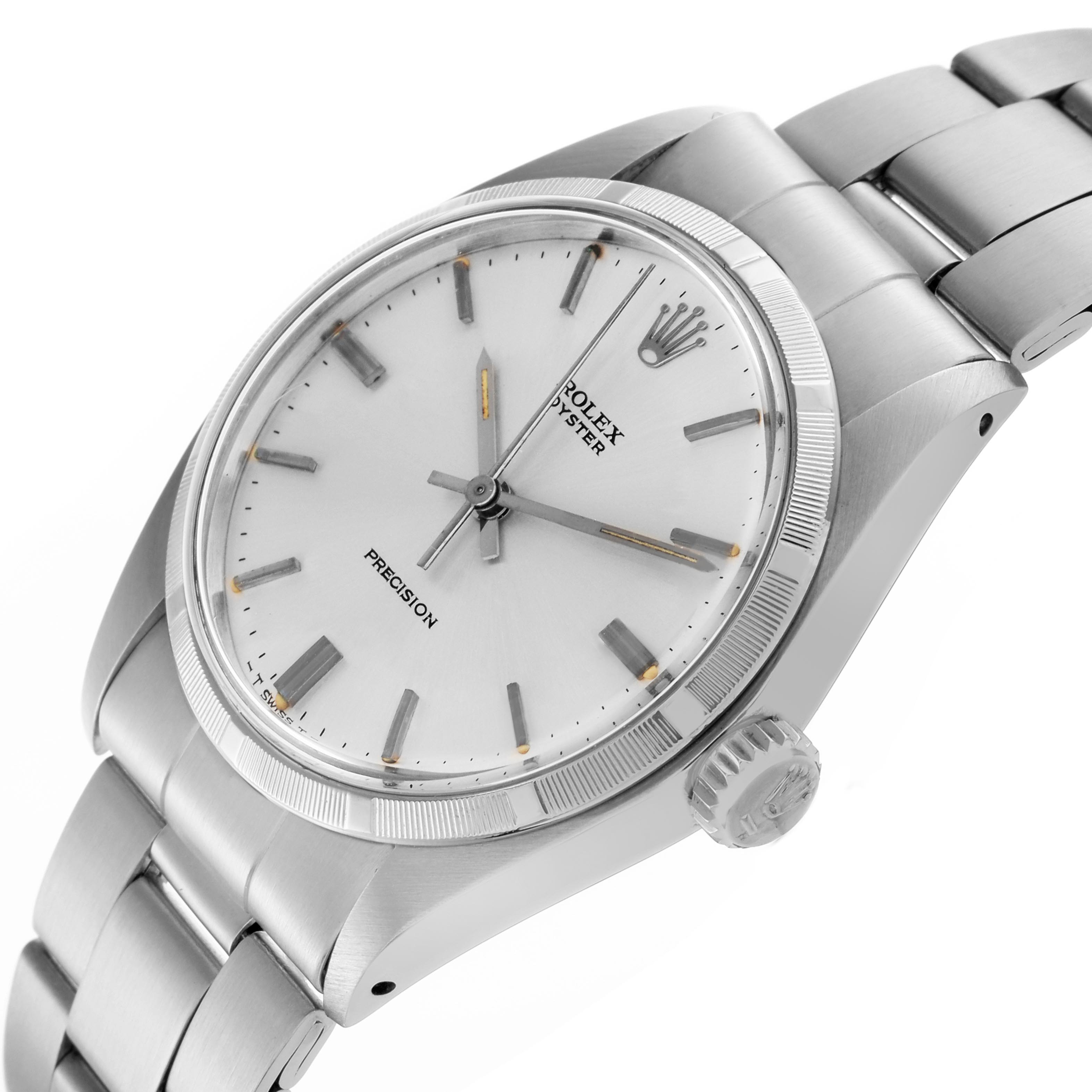 The Rolex Vintage Collection 6427 Men
s Stainless Steel Silver Dial 6427 Men
s Stainless Steel Silver Dial watch is shown at a tilted close-up angle, highlighting its face, case, bezel, and bracelet.