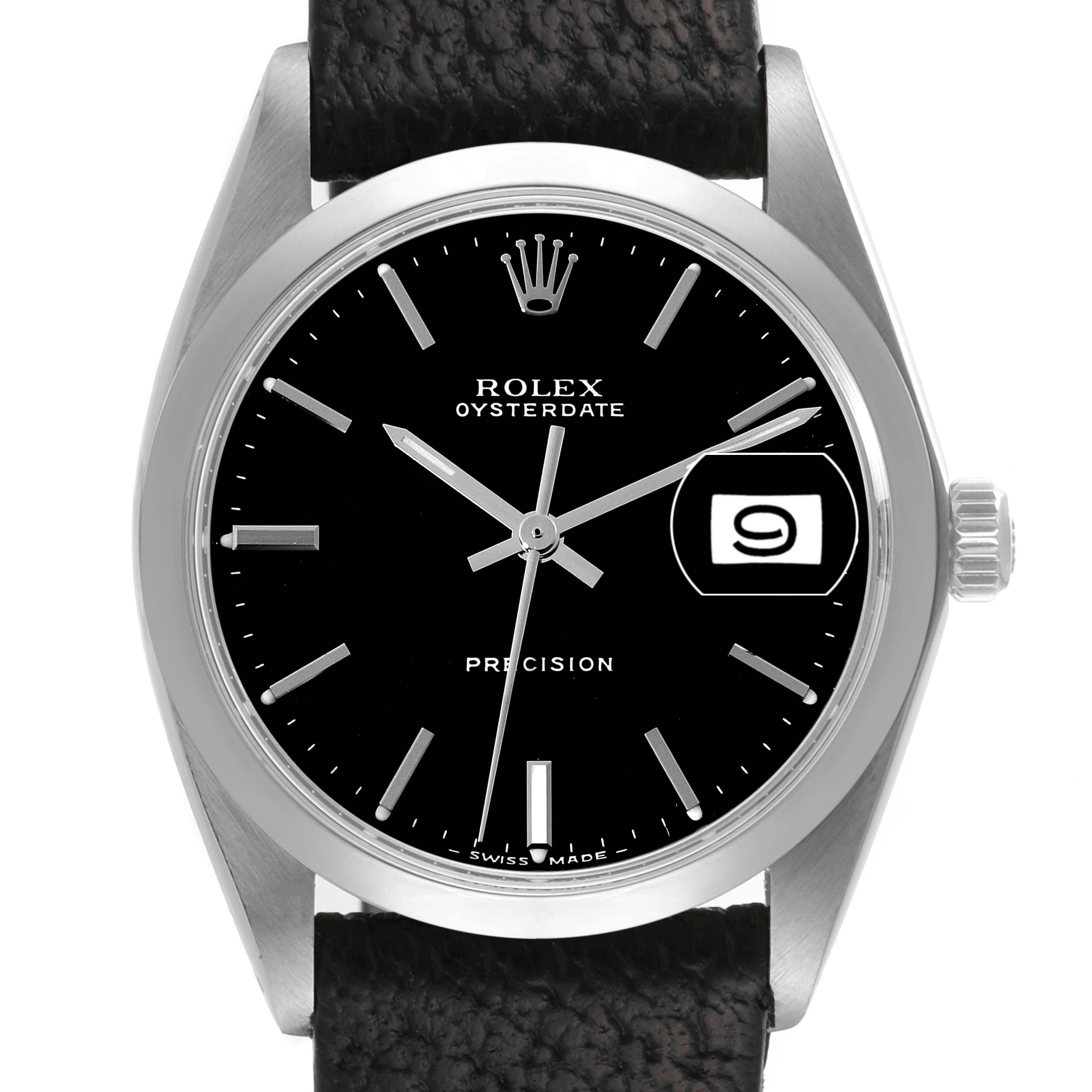 The image shows a front view of the Rolex Oysterdate Precision watch with its black dial, date window, and leather strap.
