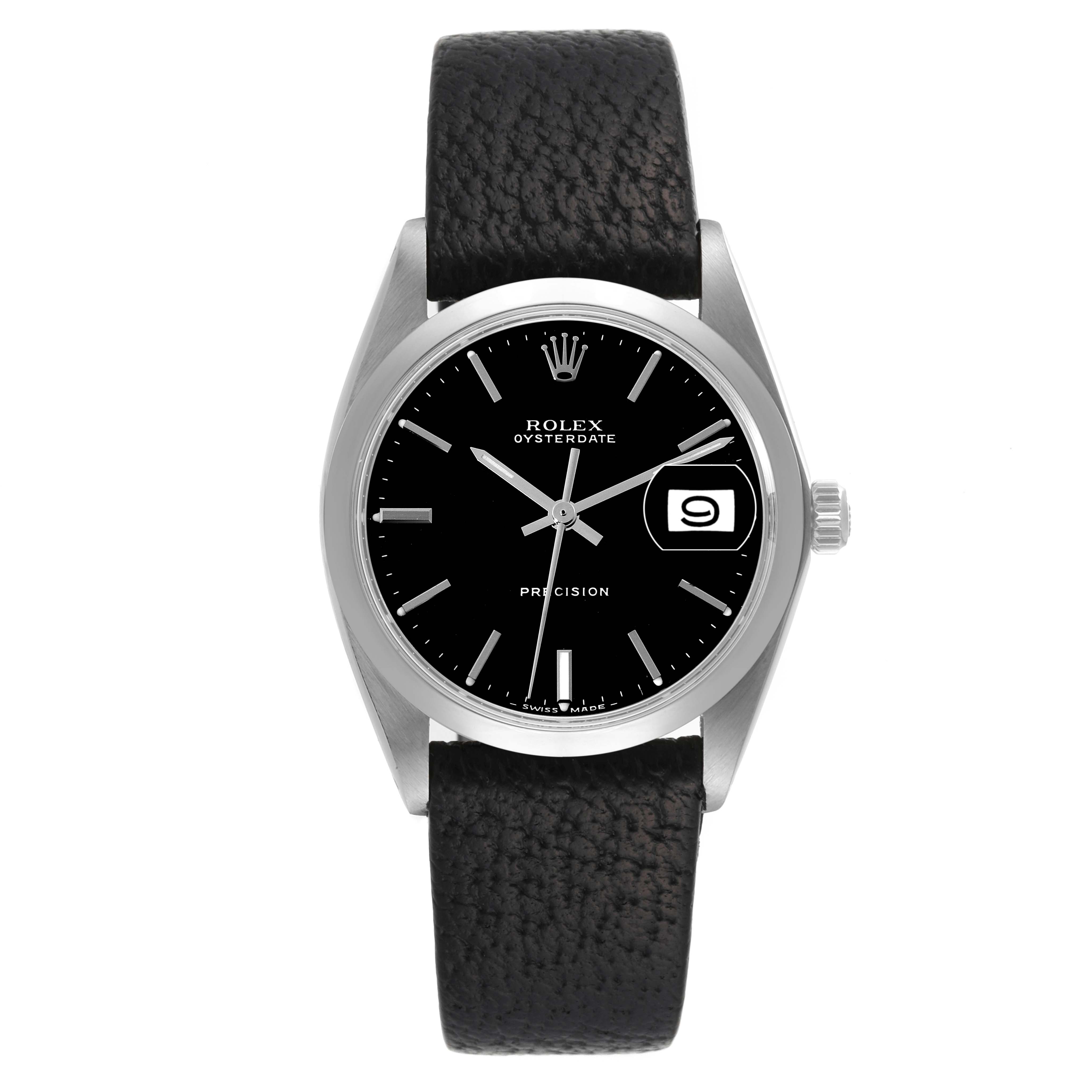 The image shows a frontal view of a Rolex Date 6694 Men's Stainless Steel Black Dial 6694 Men's Stainless Steel Black Dial model watch with a black leather strap and a date display.