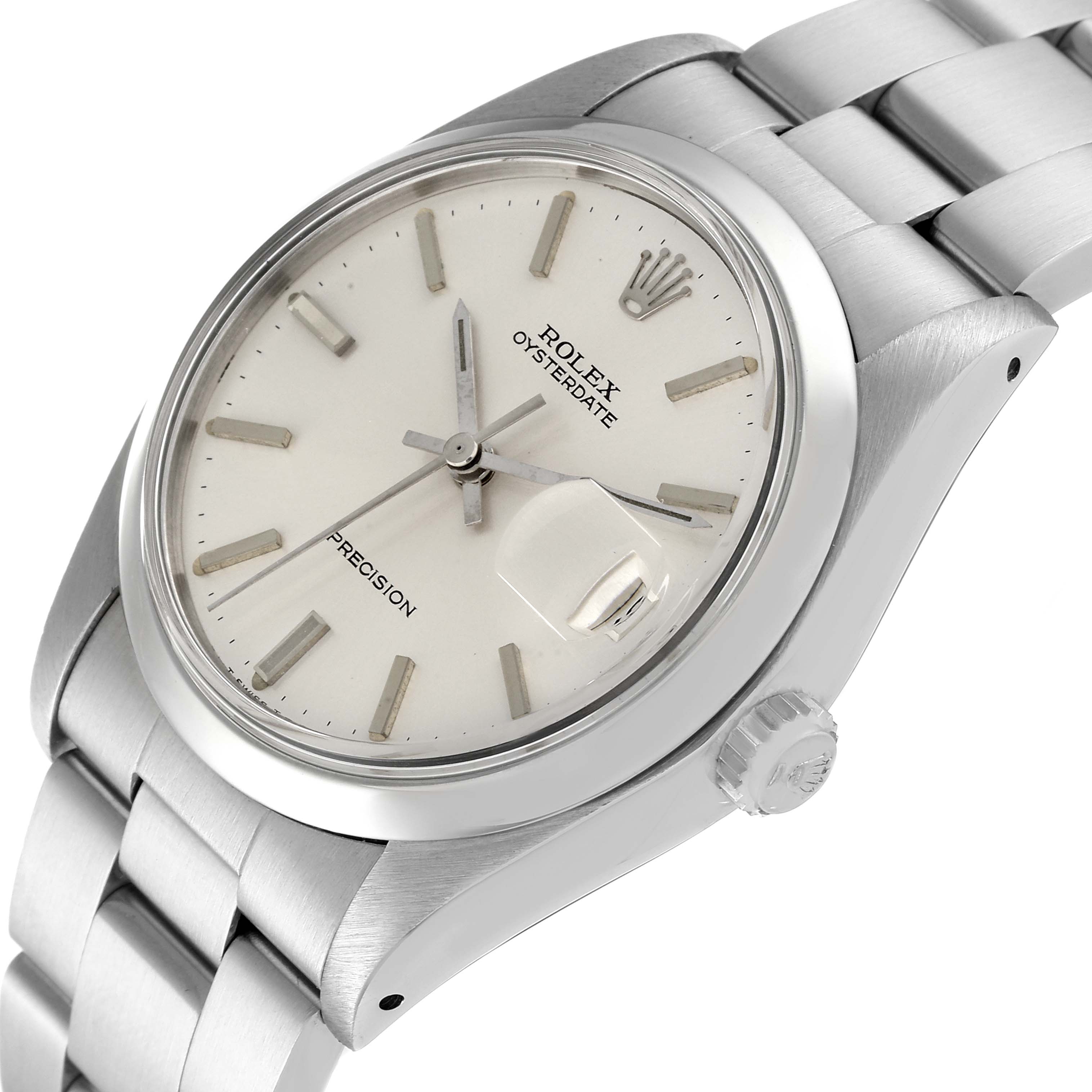 The image shows a close-up angle of a Rolex Vintage Collection 6694 Men's Stainless Steel Silver Dial 6694 Men's Stainless Steel Silver Dial Oysterdate Precision watch, highlighting the dial, hands, and bracelet.