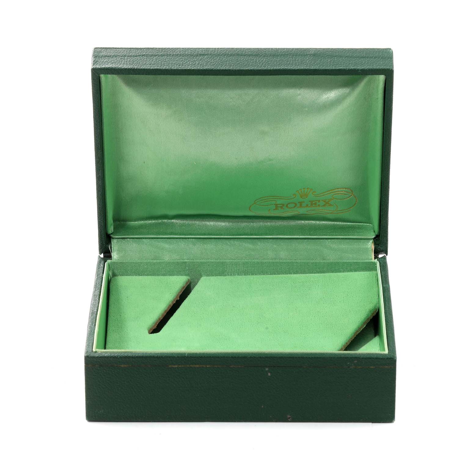 The image shows an open green Rolex watch box from the Vintage Collection model, without the watch inside.