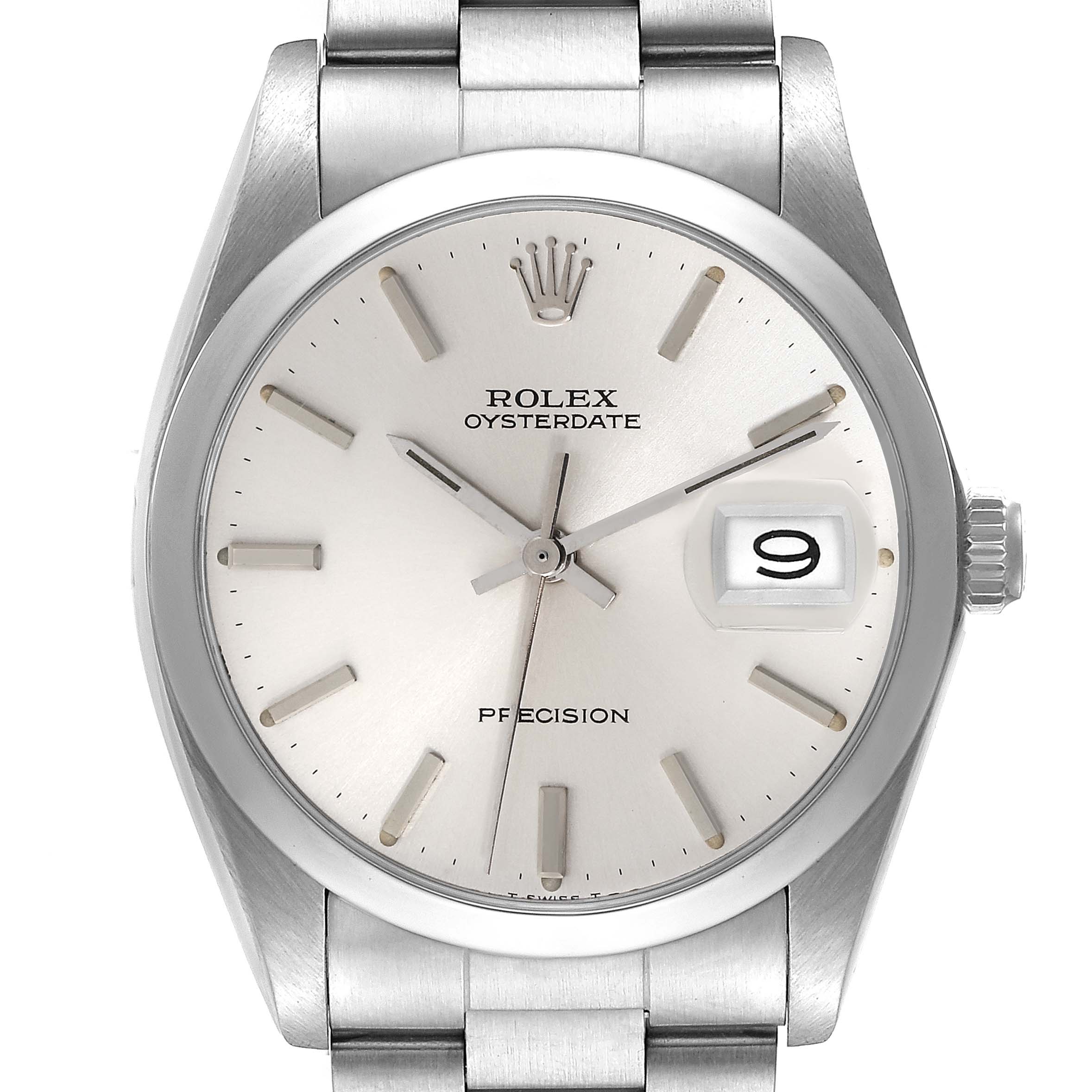 The image shows a front view of a Vintage Collection Rolex Oysterdate Precision watch, highlighting the dial, markers, date window, and crown.