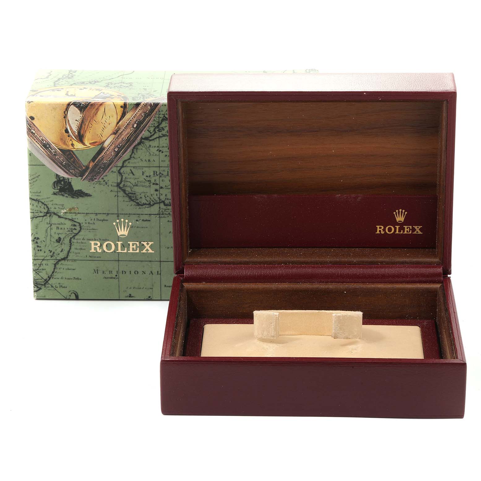 This image shows the box and packaging for a Rolex President 68278 Women's Yellow Gold Black Dial 68278 Women's Yellow Gold Black Dial model watch, with the box open displaying the interior.