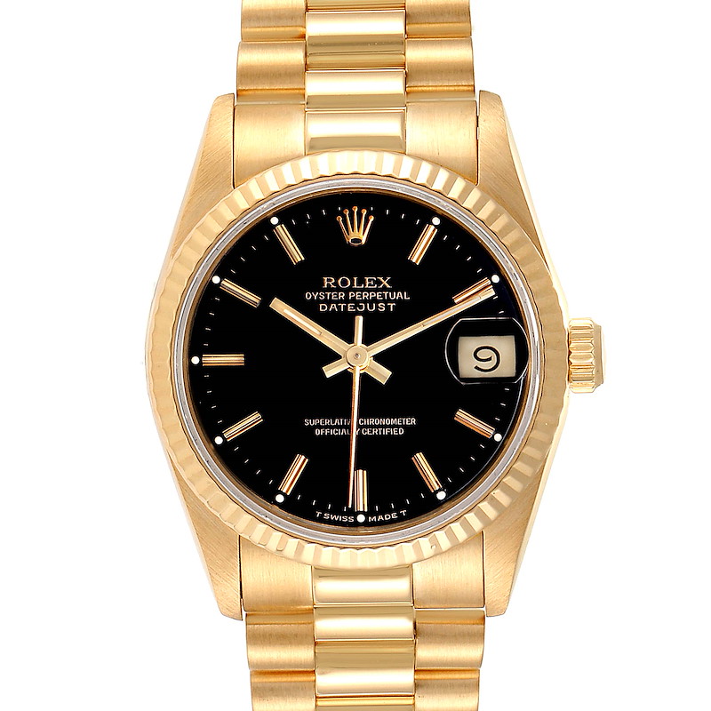 Rolex President Datejust Midsize Black Dial Yellow Gold Ladies Watch 68278 SwissWatchExpo