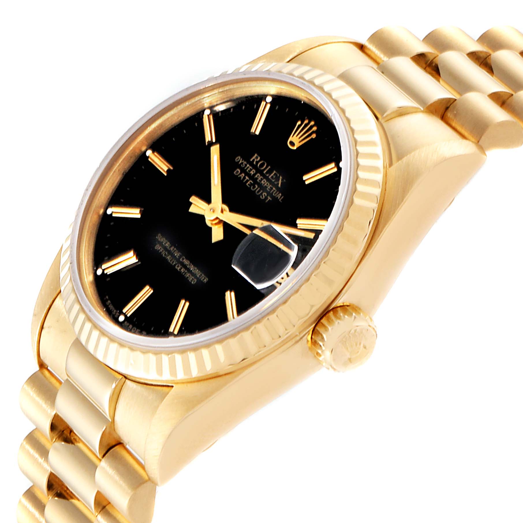 This image shows the Rolex President 68278 Women's Yellow Gold Black Dial 68278 Women's Yellow Gold Black Dial model watch at an angle, highlighting the face, crown, and part of the bracelet.