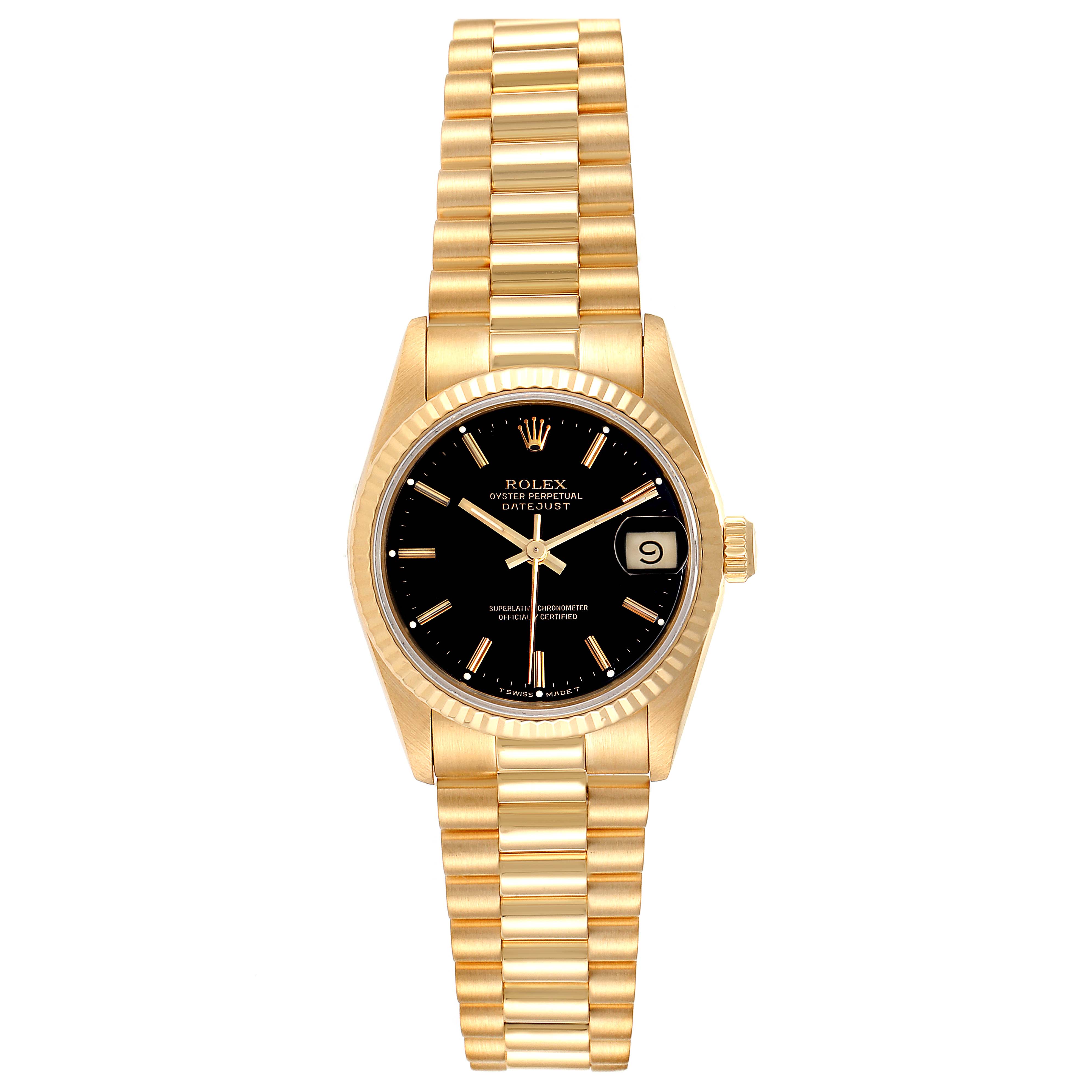 The image shows a front view of a Rolex President 68278 Women's Yellow Gold Black Dial 68278 Women's Yellow Gold Black Dial model watch, displaying the face, bezel, and bracelet.