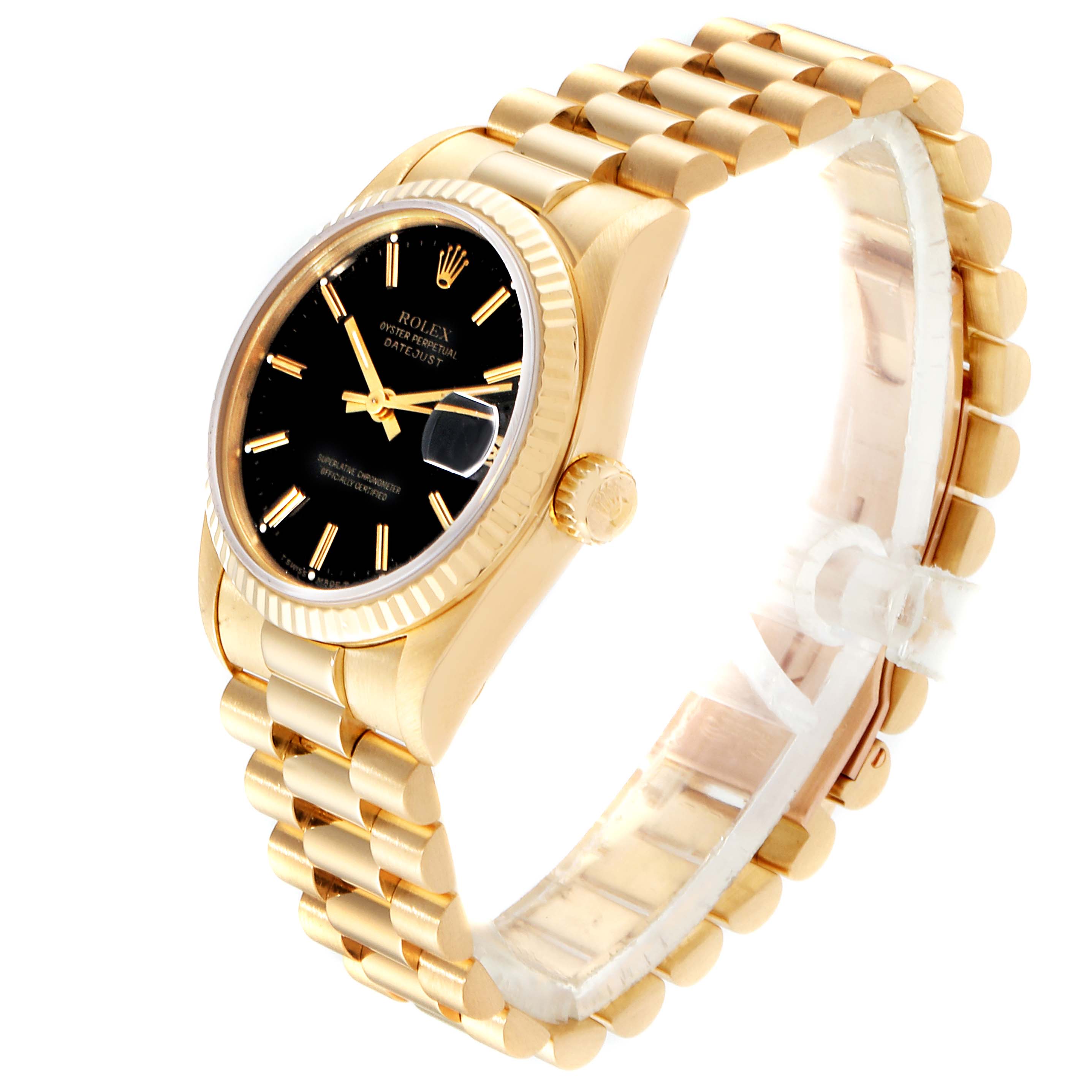 The image shows a side angle of a Rolex President 68278 Women's Yellow Gold Black Dial 68278 Women's Yellow Gold Black Dial model watch, highlighting its gold bracelet, dial, and crown.