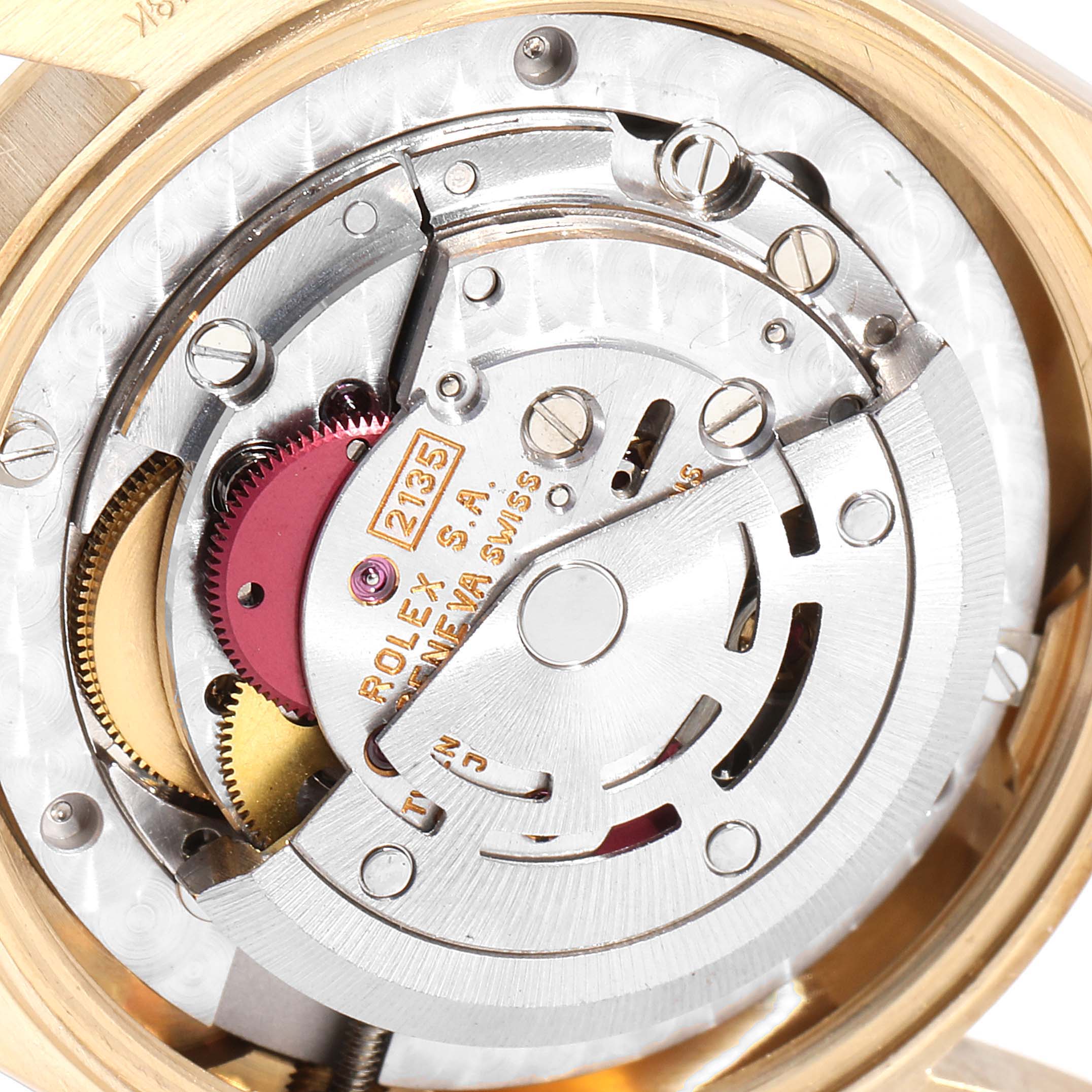 This image shows a close-up of the inner mechanical movement of the Rolex President 68278 Women's Yellow Gold Black Dial 68278 Women's Yellow Gold Black Dial model watch.