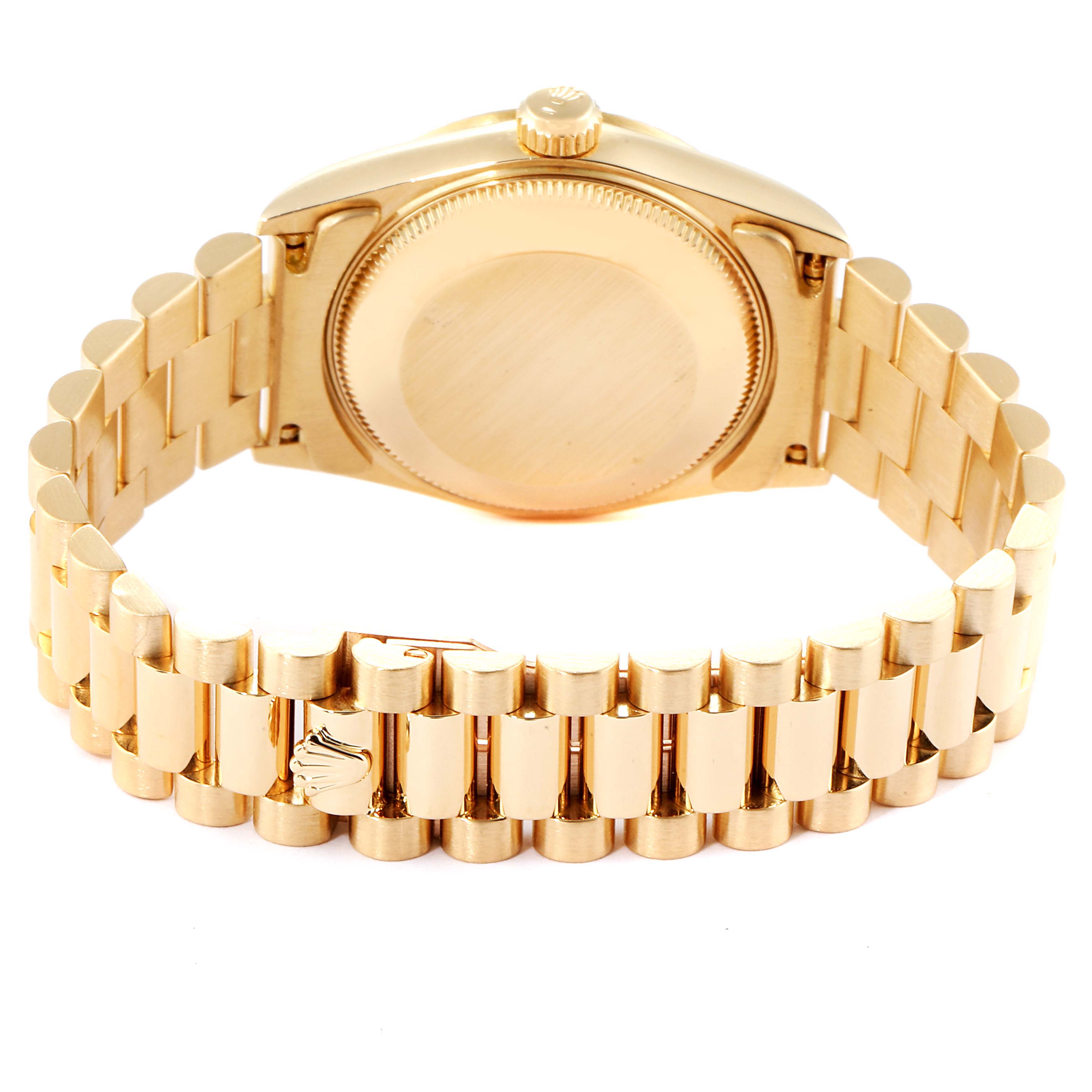 This image shows the back view of a Rolex President 68278 Women's Yellow Gold Black Dial 68278 Women's Yellow Gold Black Dial model watch, featuring its case back and President bracelet.