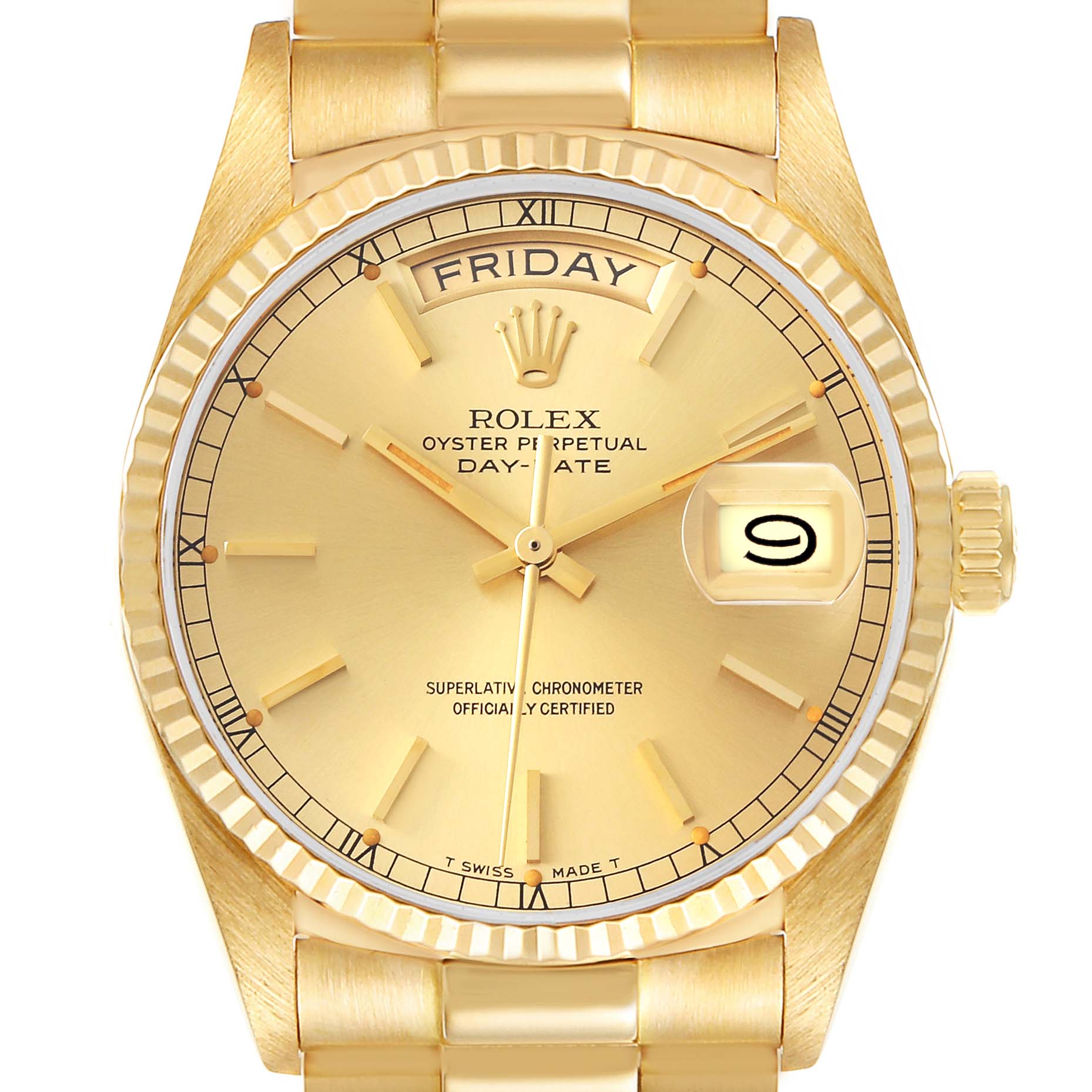 The image shows the gold dial, day, date, and crown of a Rolex President 18038 Men's Yellow Gold Champagne Dial 18038 Men's Yellow Gold Champagne Dial model watch, with a close-up front view.
