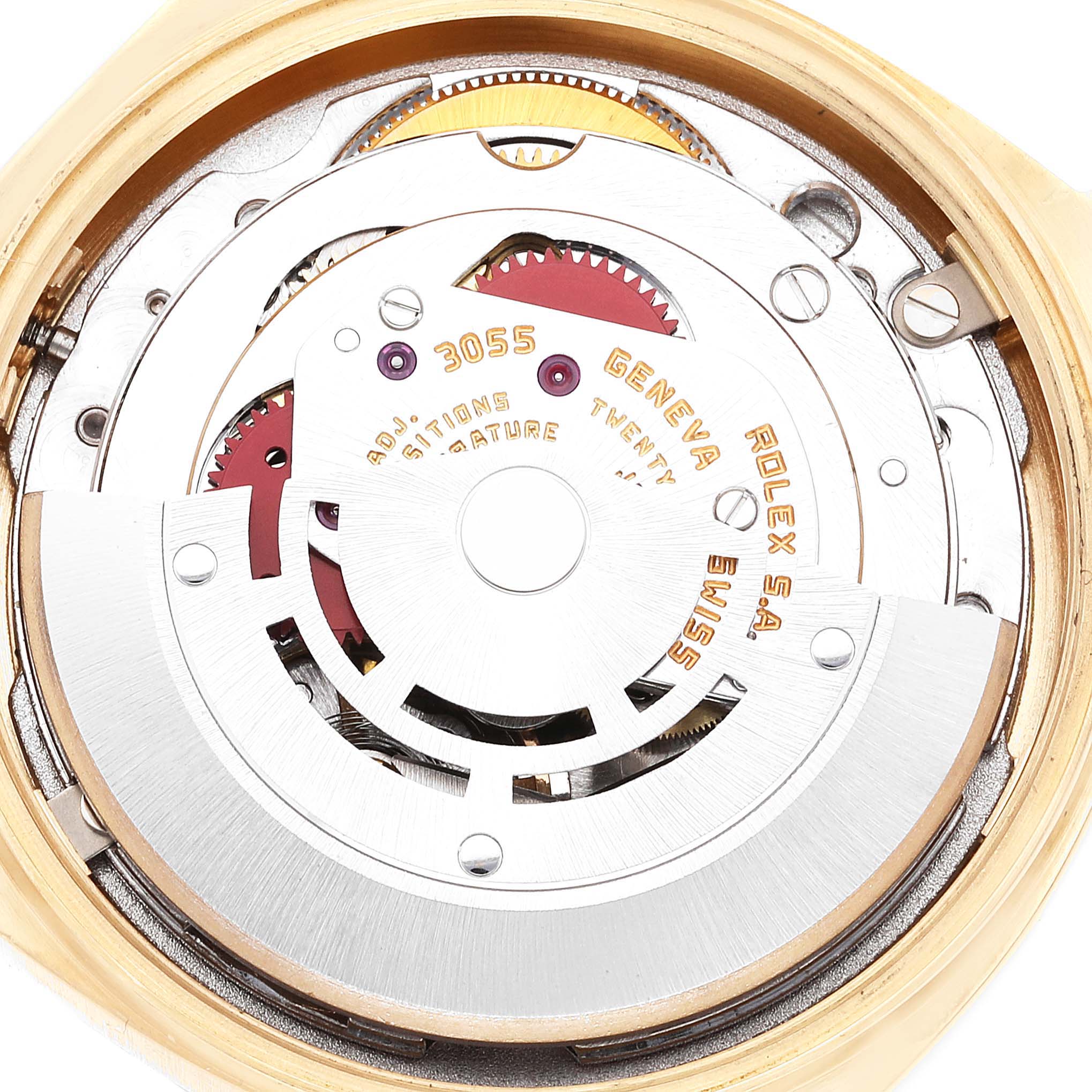 This image shows a close-up of the movement mechanism of a Rolex President 18038 Men's Yellow Gold Champagne Dial 18038 Men's Yellow Gold Champagne Dial model watch.