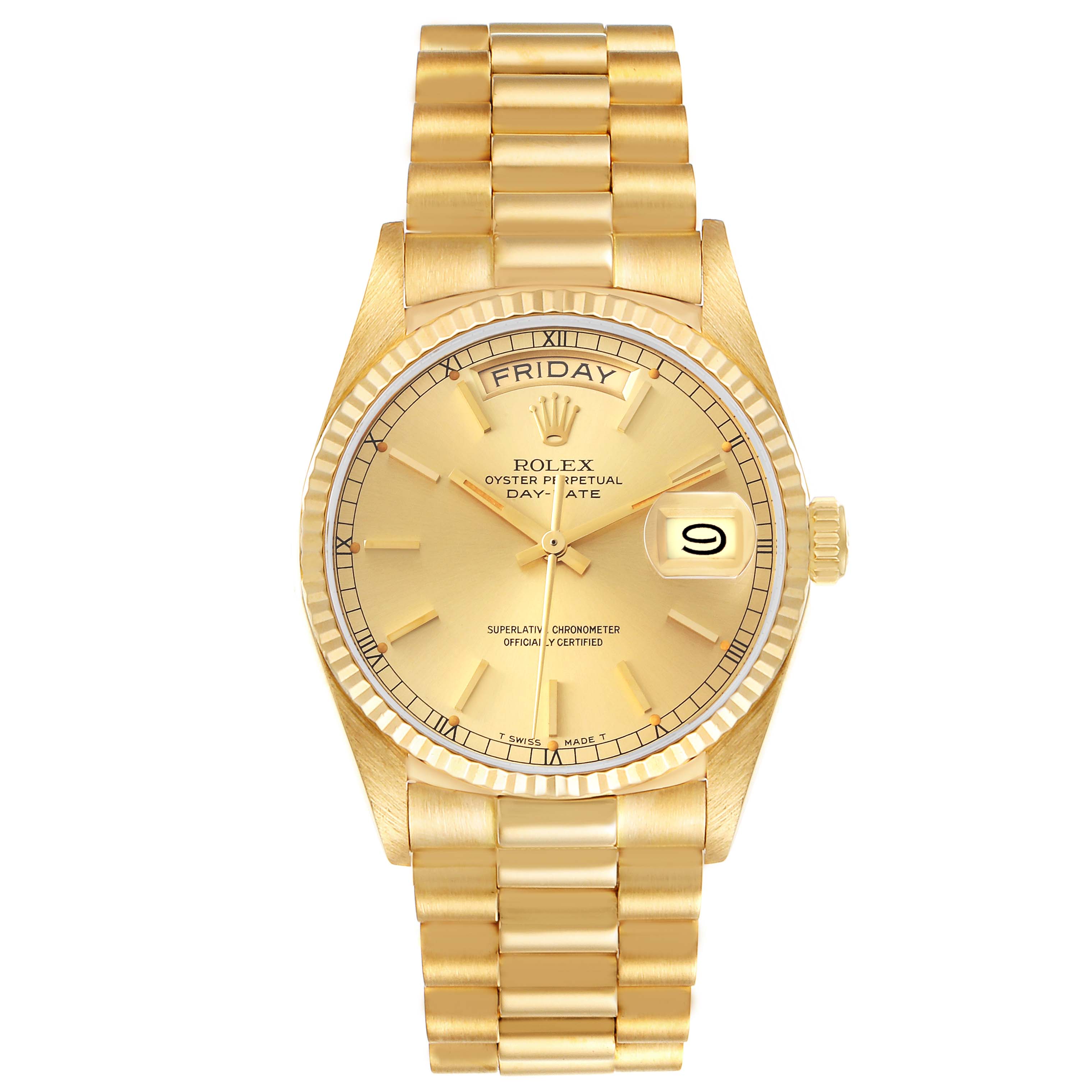 This image shows a front view of a Rolex President 18038 Men's Yellow Gold Champagne Dial 18038 Men's Yellow Gold Champagne Dial model watch, highlighting its gold dial, hands, and bracelet.