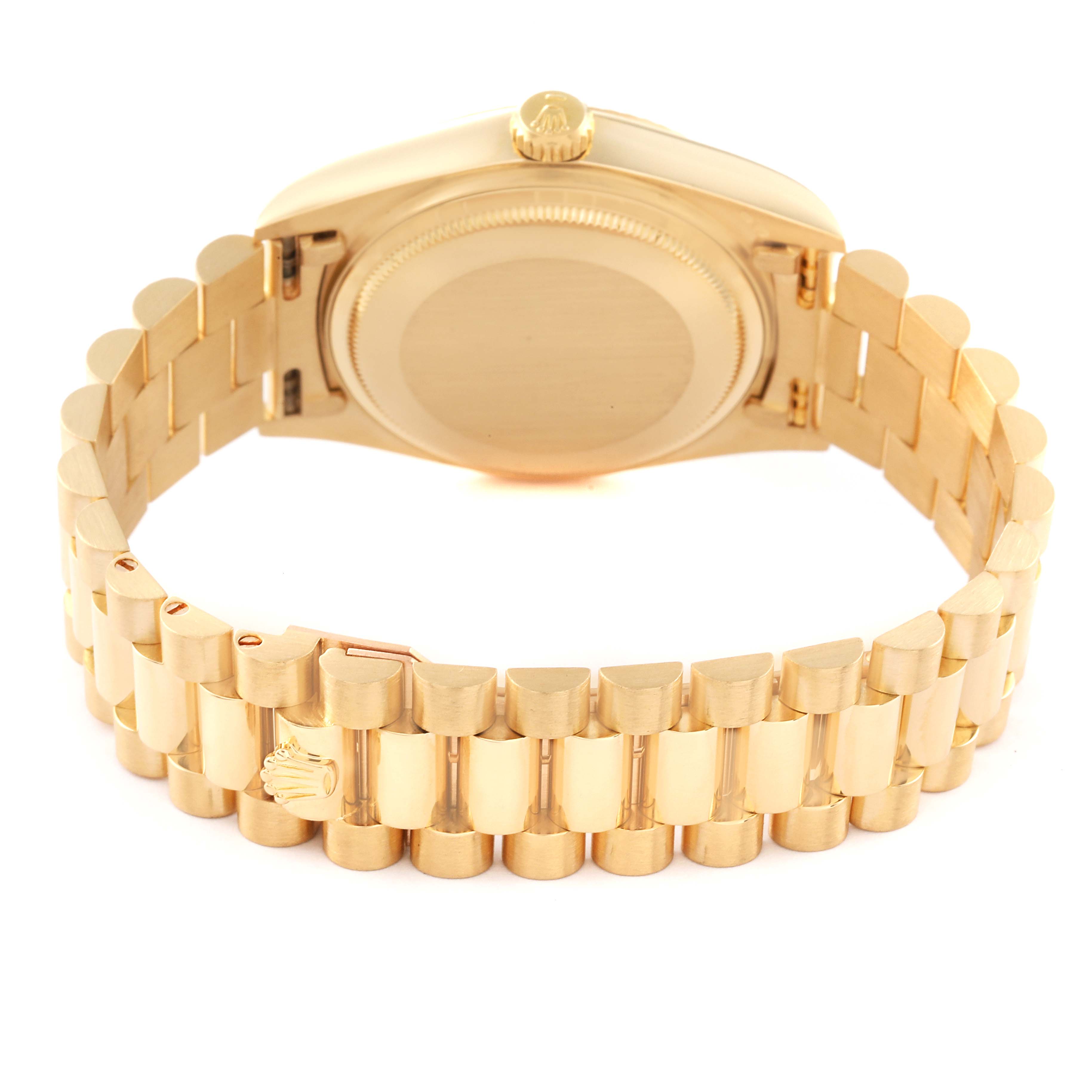 The image shows the back view of a Rolex President 18038 Men's Yellow Gold Champagne Dial 18038 Men's Yellow Gold Champagne Dial model watch, highlighting its case back and gold bracelet with the Rolex crown clasp.