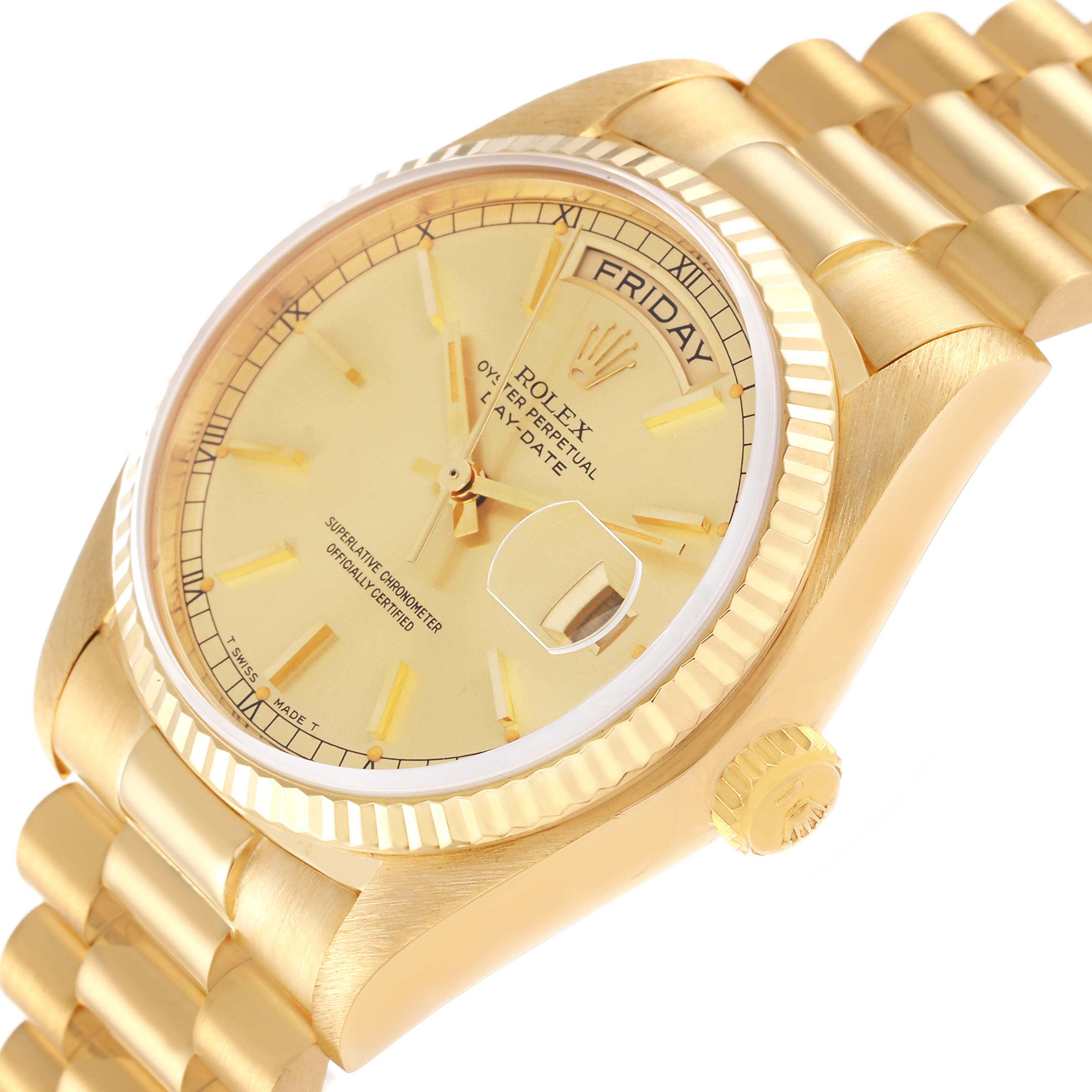 The image shows a close-up side angle of a Rolex President 18038 Men's Yellow Gold Champagne Dial 18038 Men's Yellow Gold Champagne Dial model watch, displaying the face, bezel, crown, and part of the bracelet.