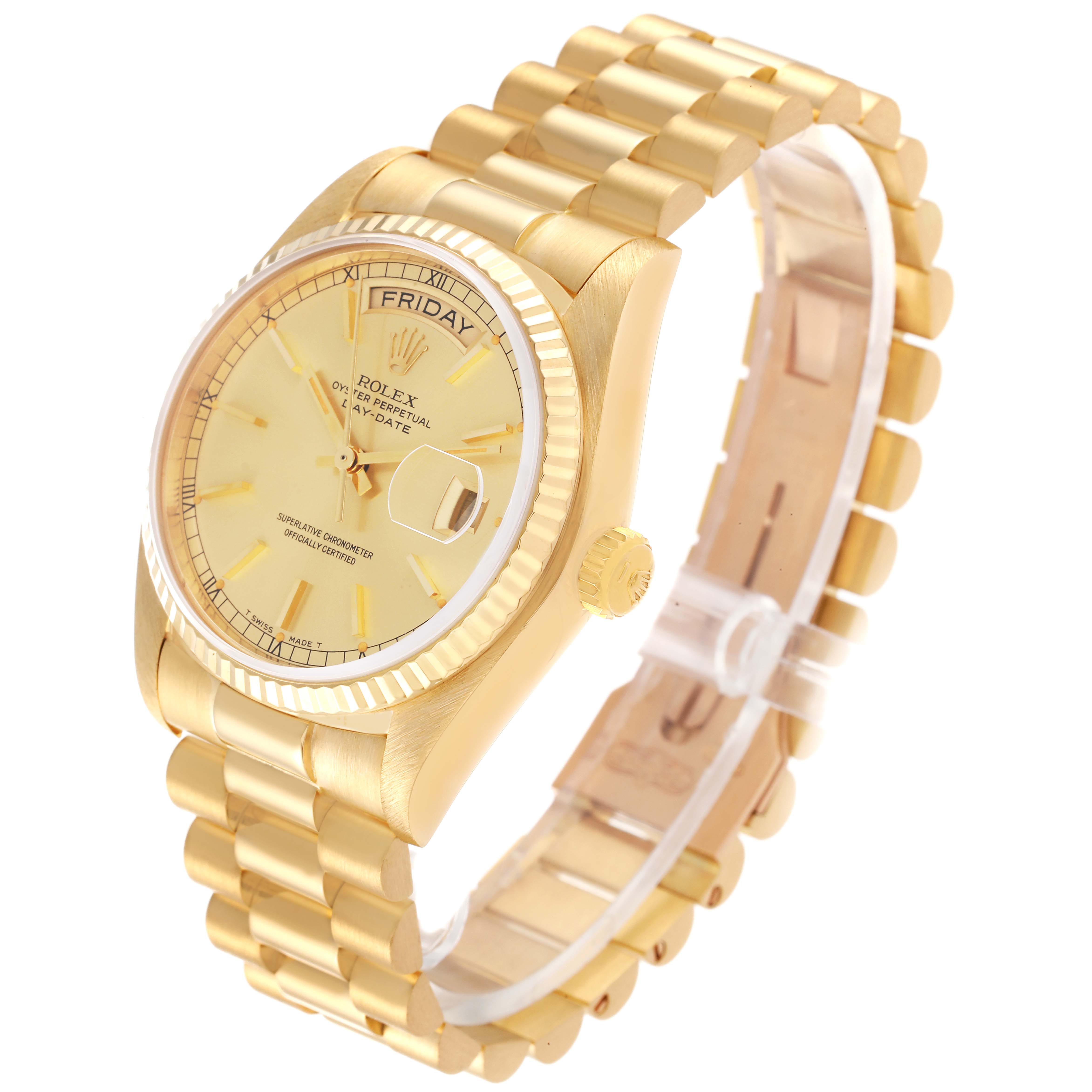 The image shows a Rolex President 18038 Men's Yellow Gold Champagne Dial 18038 Men's Yellow Gold Champagne Dial model watch from a three-quarter angle, highlighting its gold bracelet, dial, and fluted bezel.