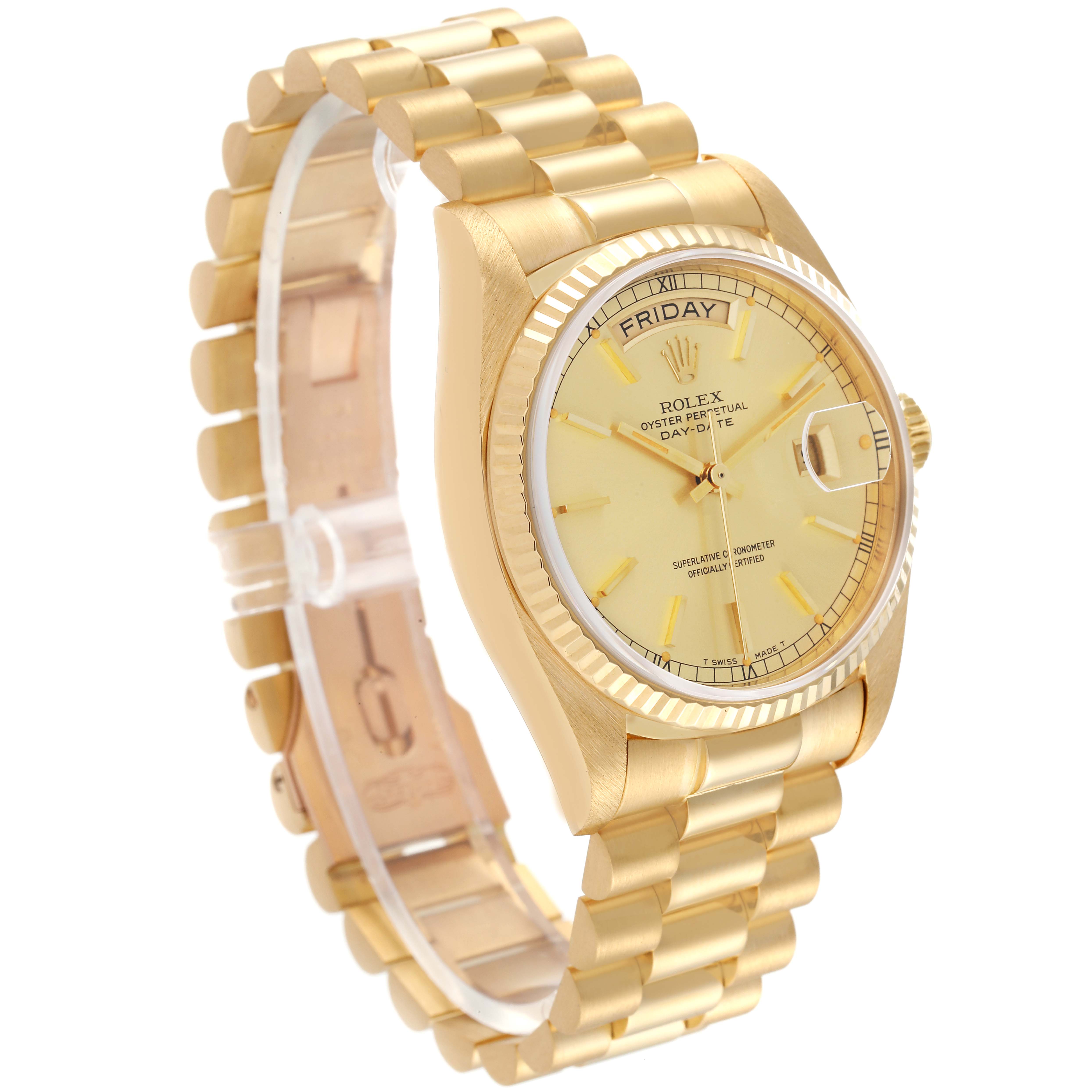 The Rolex President 18038 Men's Yellow Gold Champagne Dial 18038 Men's Yellow Gold Champagne Dial model watch is shown at a slight angle, displaying the face, bezel, side, and part of the band.