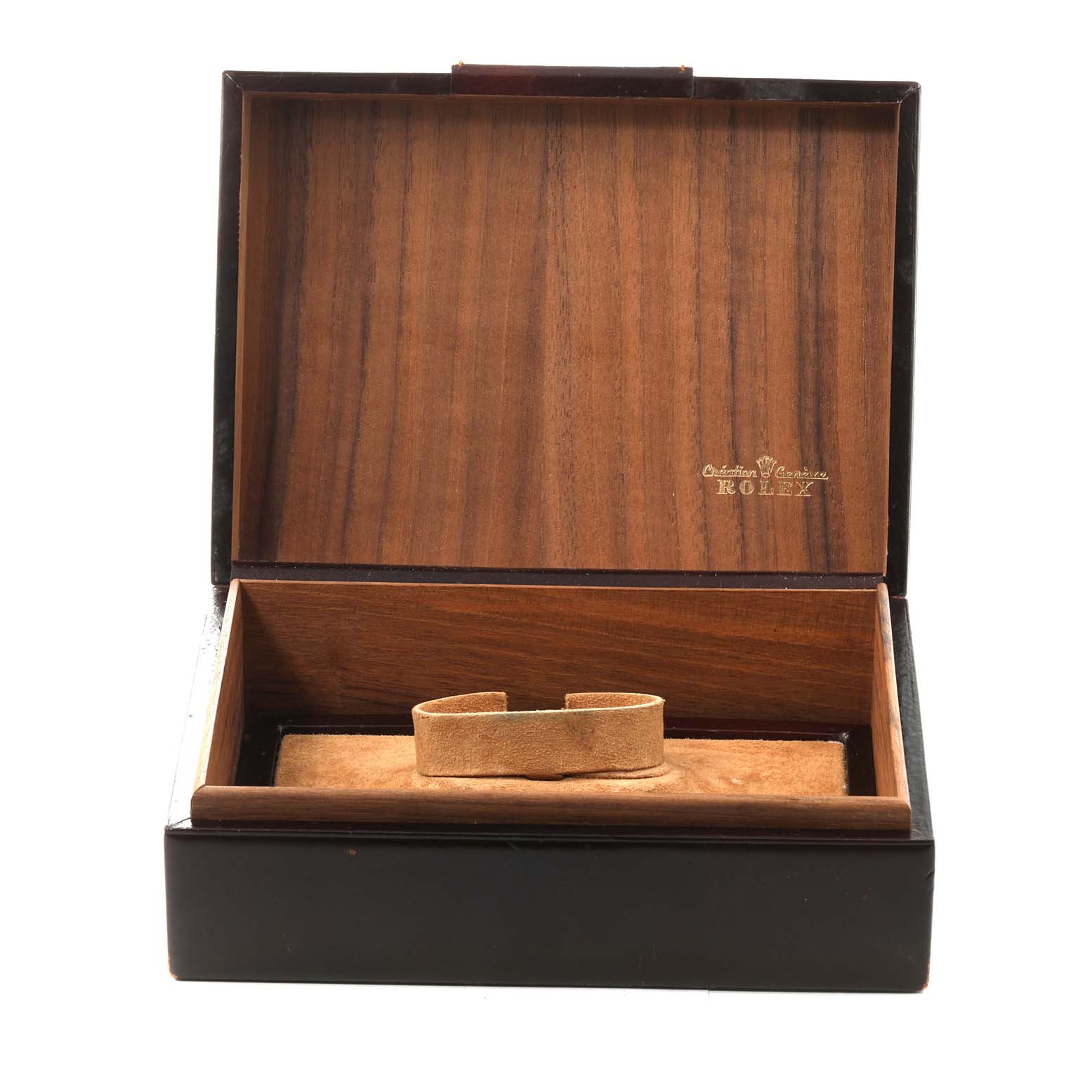 The image shows an open wooden box for a Rolex President 18038 Men's Yellow Gold Champagne Dial 18038 Men's Yellow Gold Champagne Dial model watch, with an inner suede cushion.