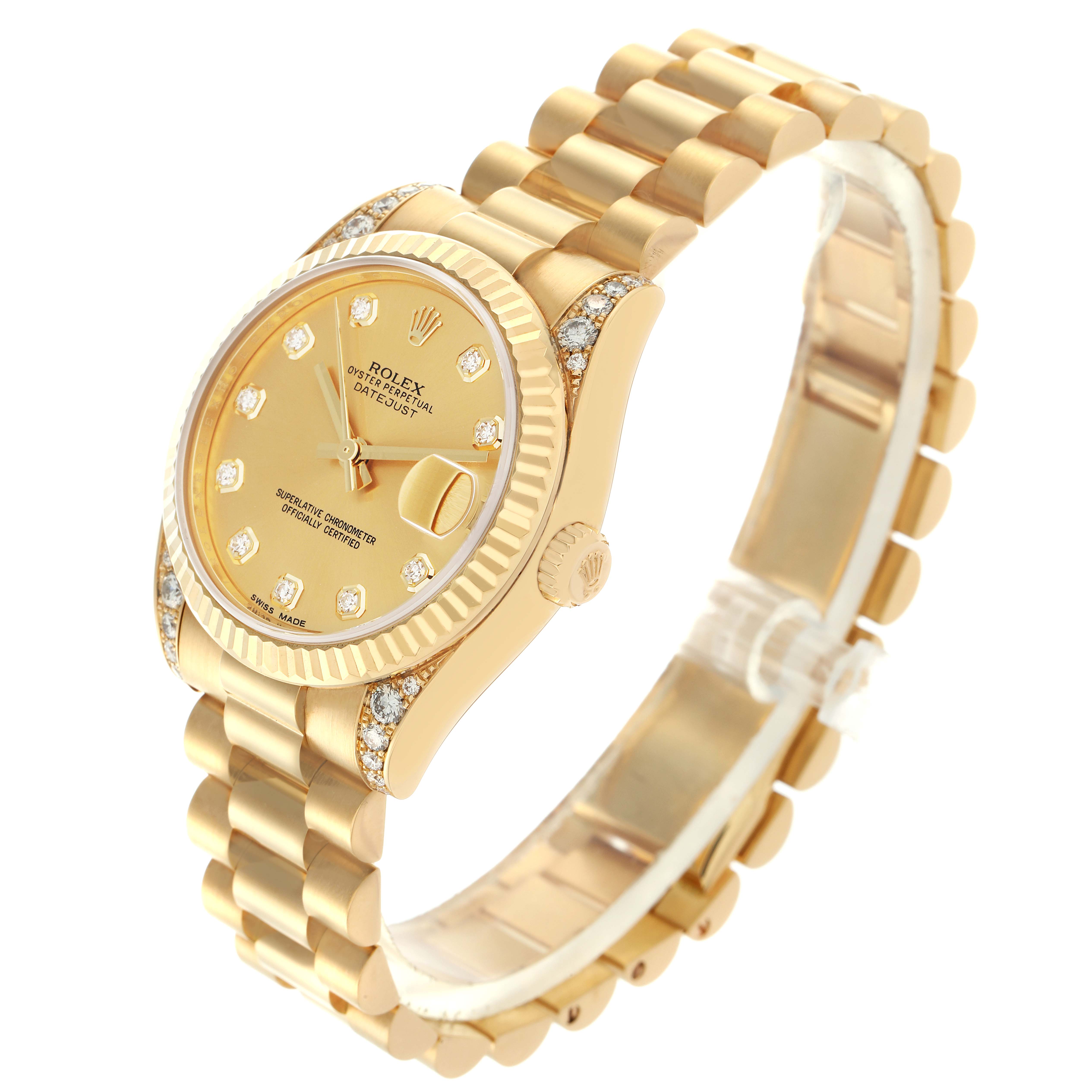 The Rolex President 178238G Women
s Yellow Gold Champagne Dial 178238G Women
s Yellow Gold Champagne Dial model watch is shown at a three-quarter angle, highlighting the face, bezel, crown, and bracelet.