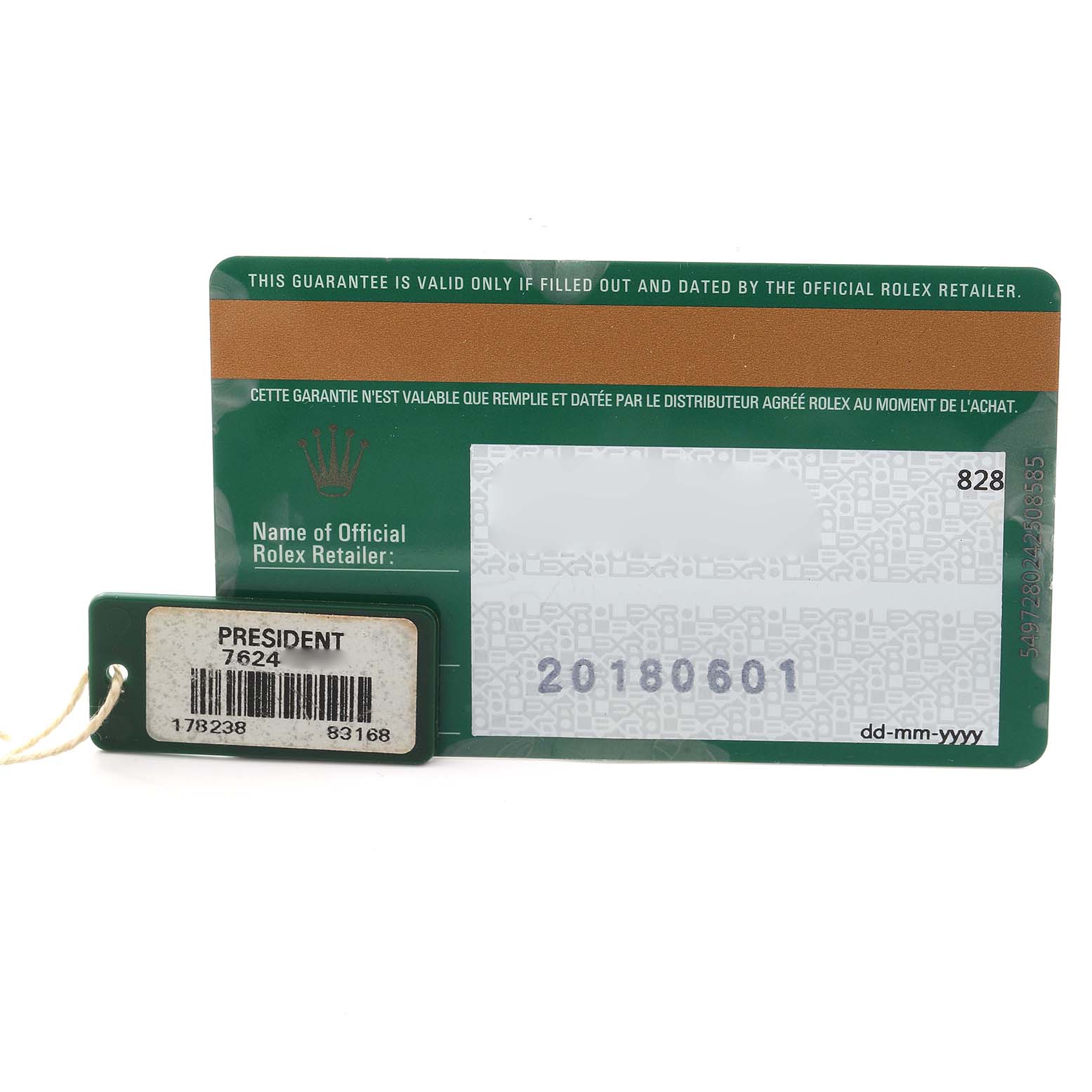 The image shows a green Rolex guarantee card and a President model tag.