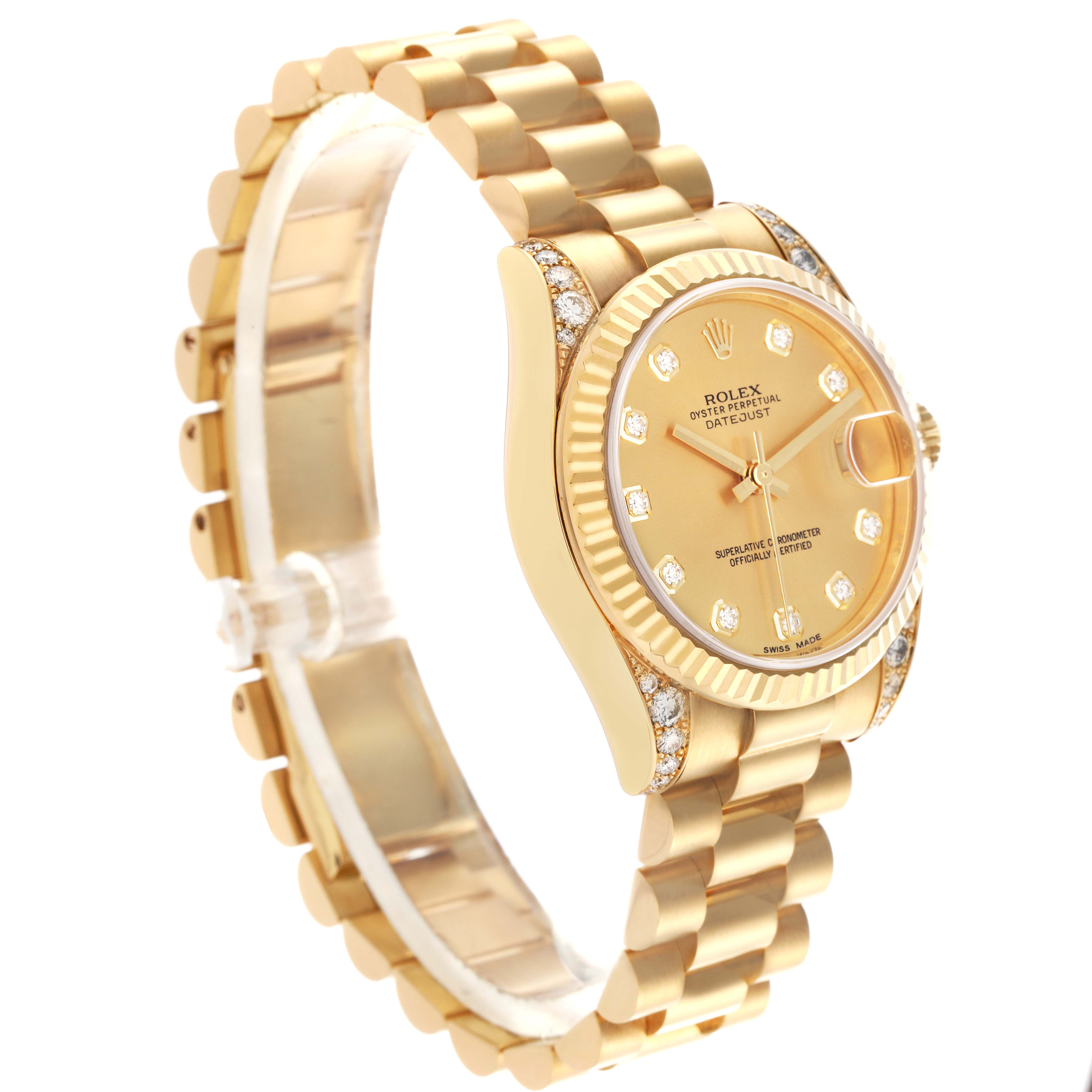 The Rolex President 178238G Women
s Yellow Gold Champagne Dial 178238G Women
s Yellow Gold Champagne Dial model watch is shown at a three-quarter angle, highlighting the dial, bezel, and bracelet.