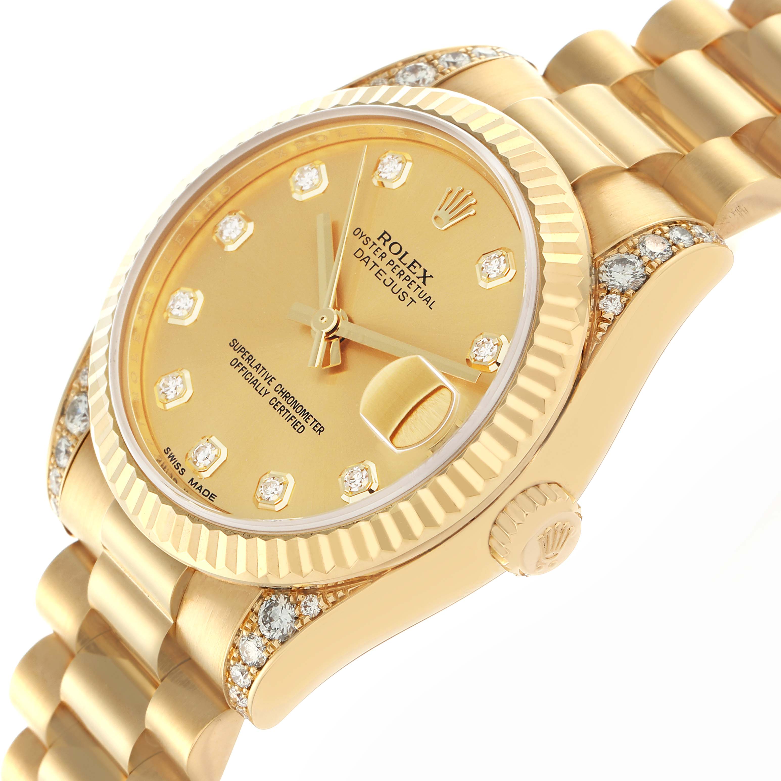 The Rolex President 178238G Women
s Yellow Gold Champagne Dial 178238G Women
s Yellow Gold Champagne Dial model is shown at a slight angle, highlighting the gold dial, diamond hour markers, bezel, and bracelet.