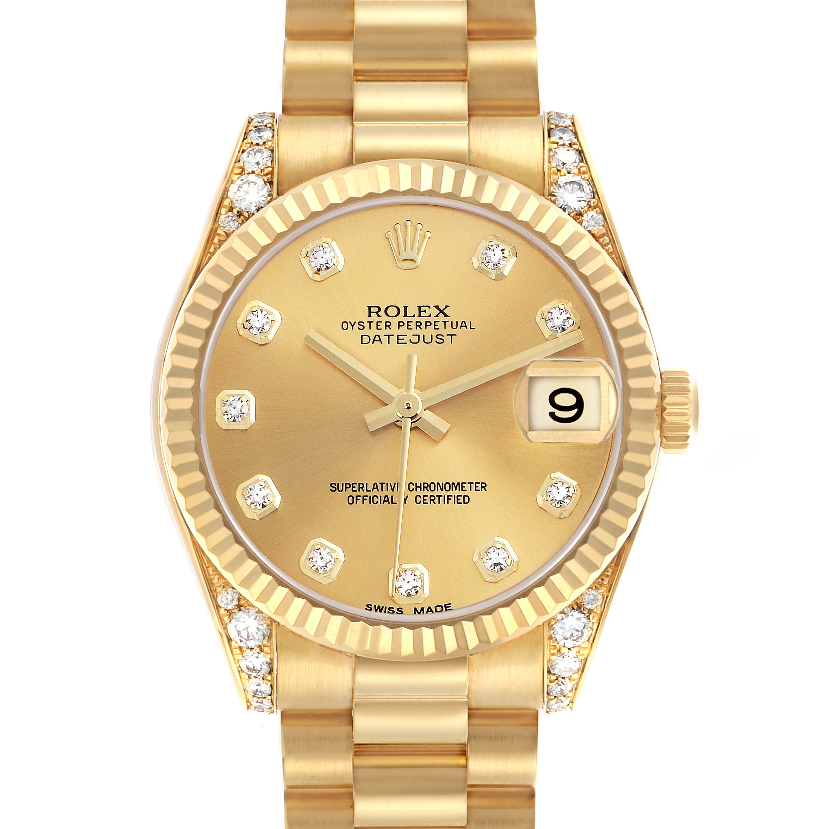 The Rolex President 178238G Women
s Yellow Gold Champagne Dial 178238G Women
s Yellow Gold Champagne Dial model is shown from a top-down angle, displaying the gold dial, diamond markers, and gold bracelet.