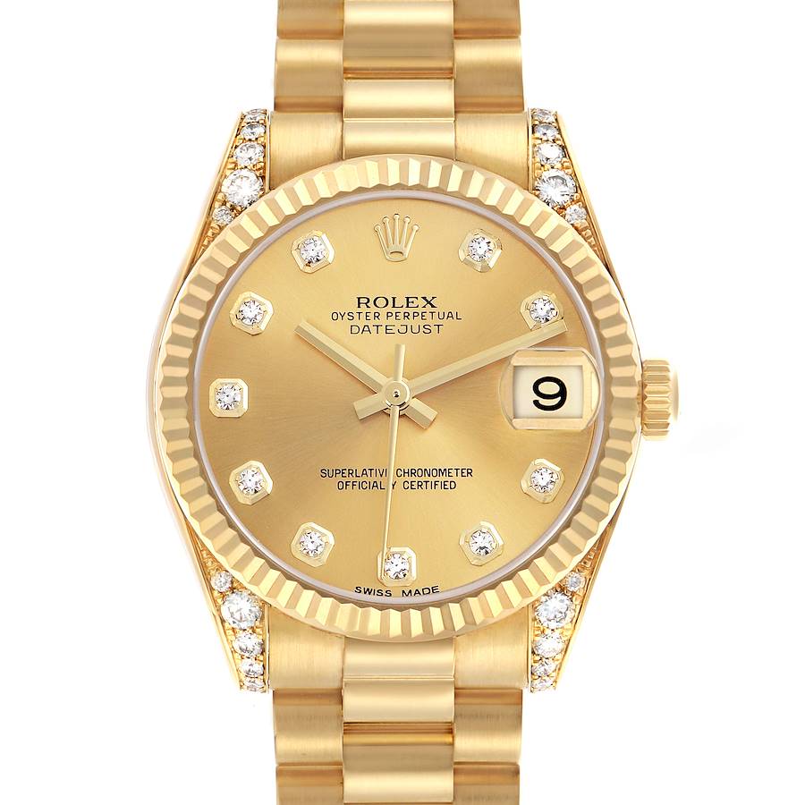 The Rolex President model is shown from a top-down angle, displaying the gold dial, diamond markers, and gold bracelet.