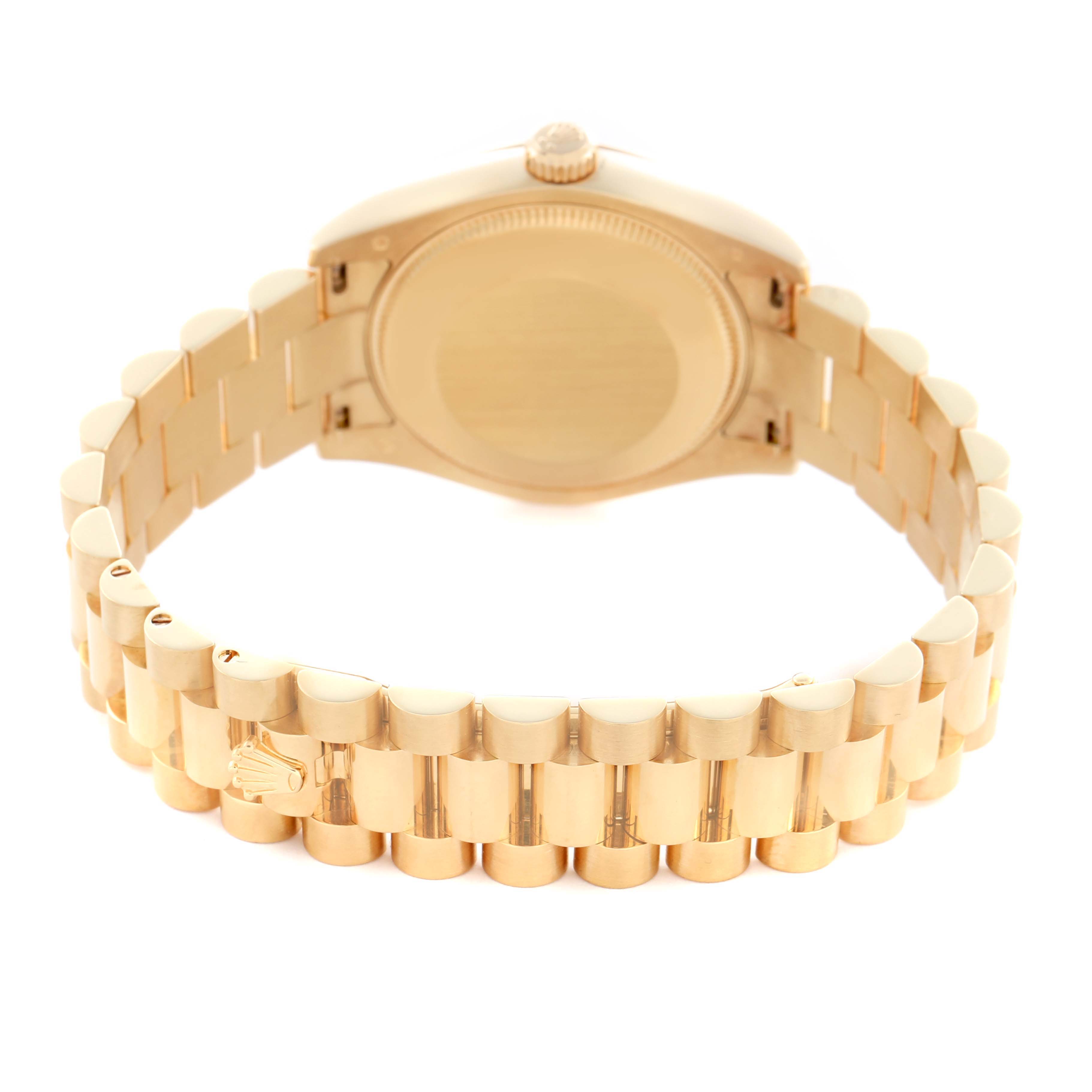 The image shows the back case and bracelet of a Rolex President 178238G Women
s Yellow Gold Champagne Dial 178238G Women
s Yellow Gold Champagne Dial model watch from a rear angle.