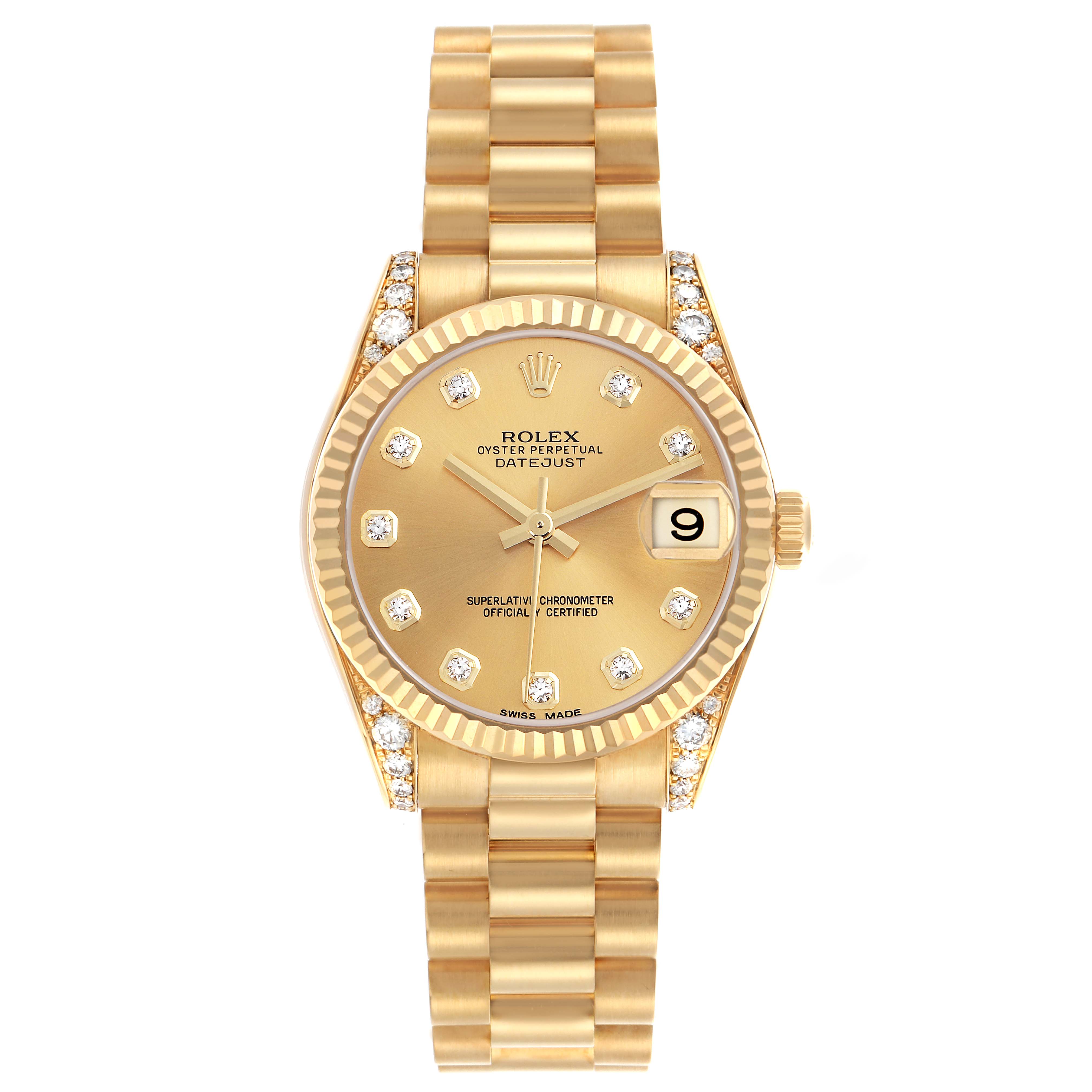 The Rolex President 178238G Women
s Yellow Gold Champagne Dial 178238G Women
s Yellow Gold Champagne Dial model watch is shown from a top-down angle, displaying the dial, bezel, and bracelet.