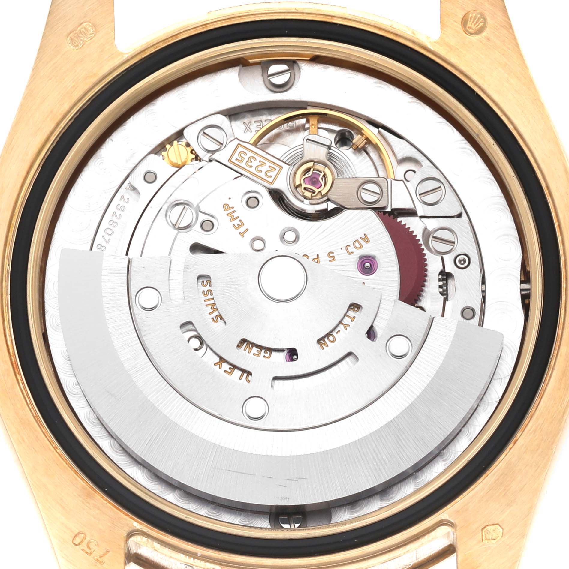 The image shows the movement and internal mechanism of a Rolex President 178238G Women
s Yellow Gold Champagne Dial 178238G Women
s Yellow Gold Champagne Dial watch from the back view.