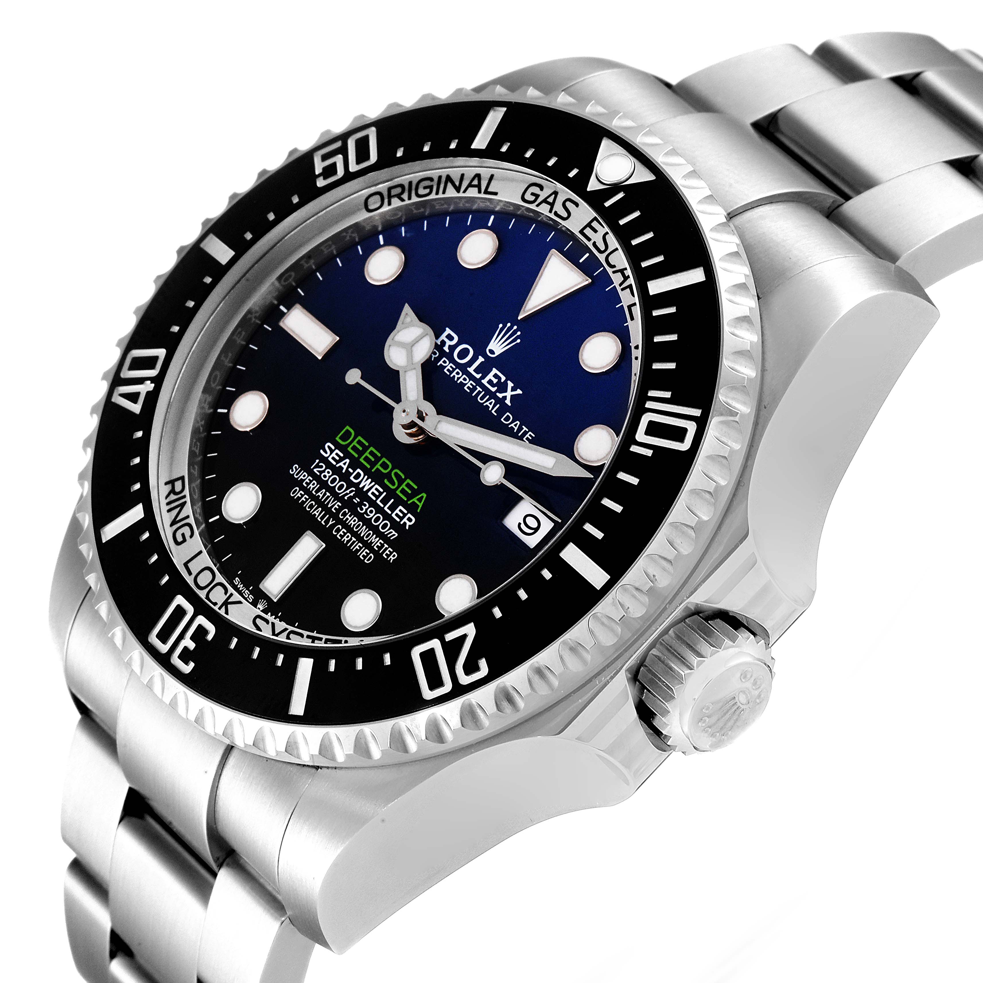 This image shows a Rolex Sea-Dweller 126660 Men
s Stainless Steel Blue Dial 126660 Men
s Stainless Steel Blue Dial watch from an angled view, highlighting the face, bezel, crown, and partial bracelet.