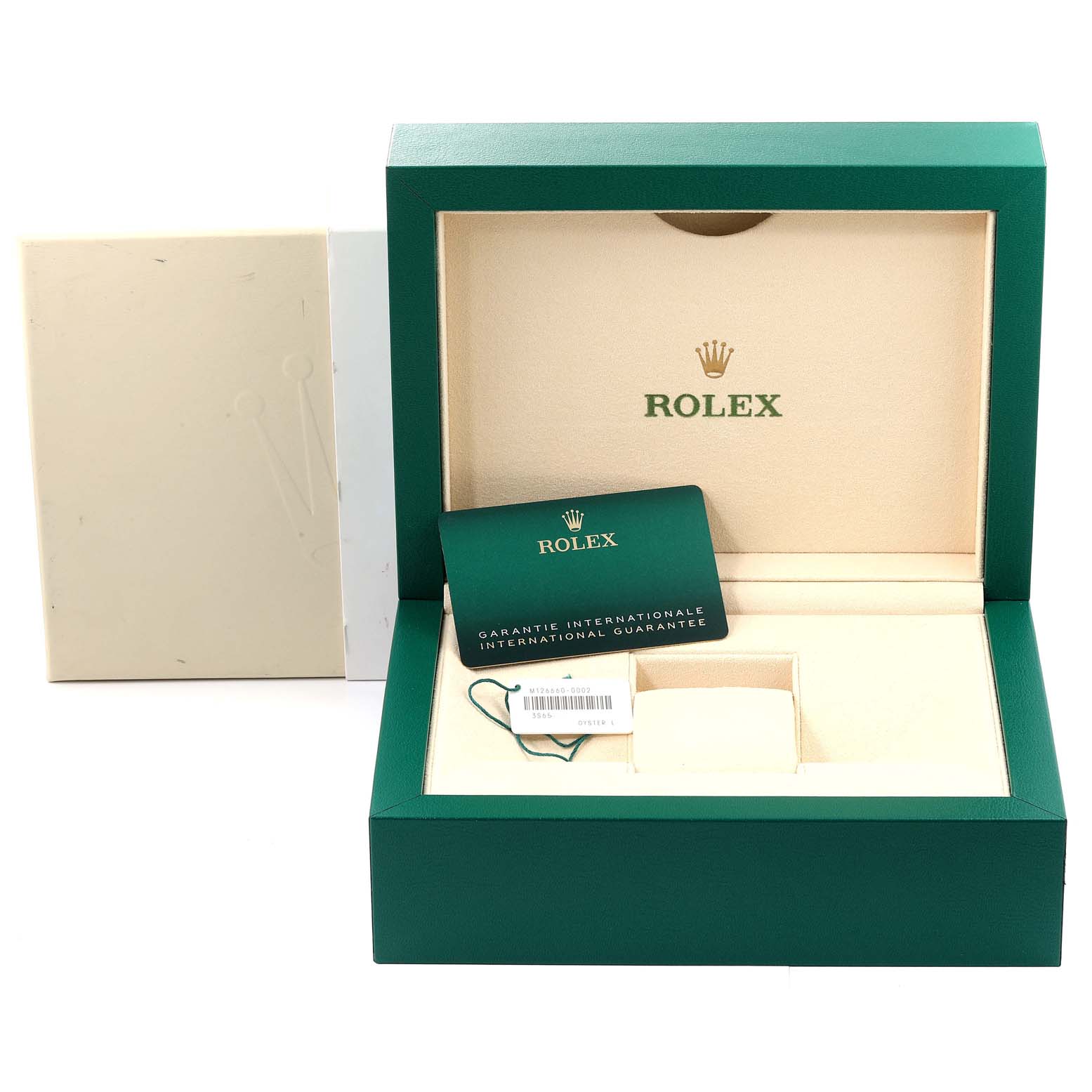 The image shows a Rolex Sea-Dweller 126660 Men
s Stainless Steel Blue Dial 126660 Men
s Stainless Steel Blue Dial watch box, including the guarantee card, a tag, and the inner cushion.