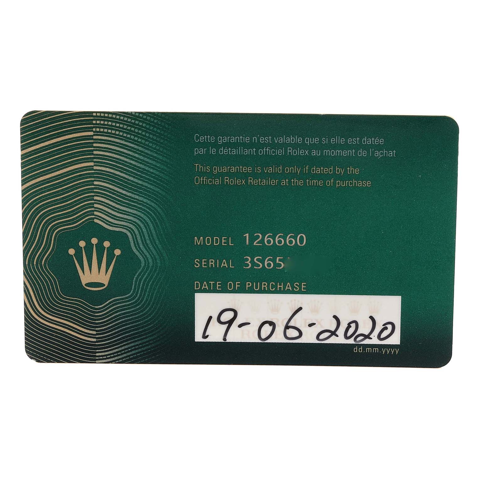 This image shows the warranty card for the Rolex Sea-Dweller 126660 Men
s Stainless Steel Blue Dial 126660 Men
s Stainless Steel Blue Dial model 126660.
