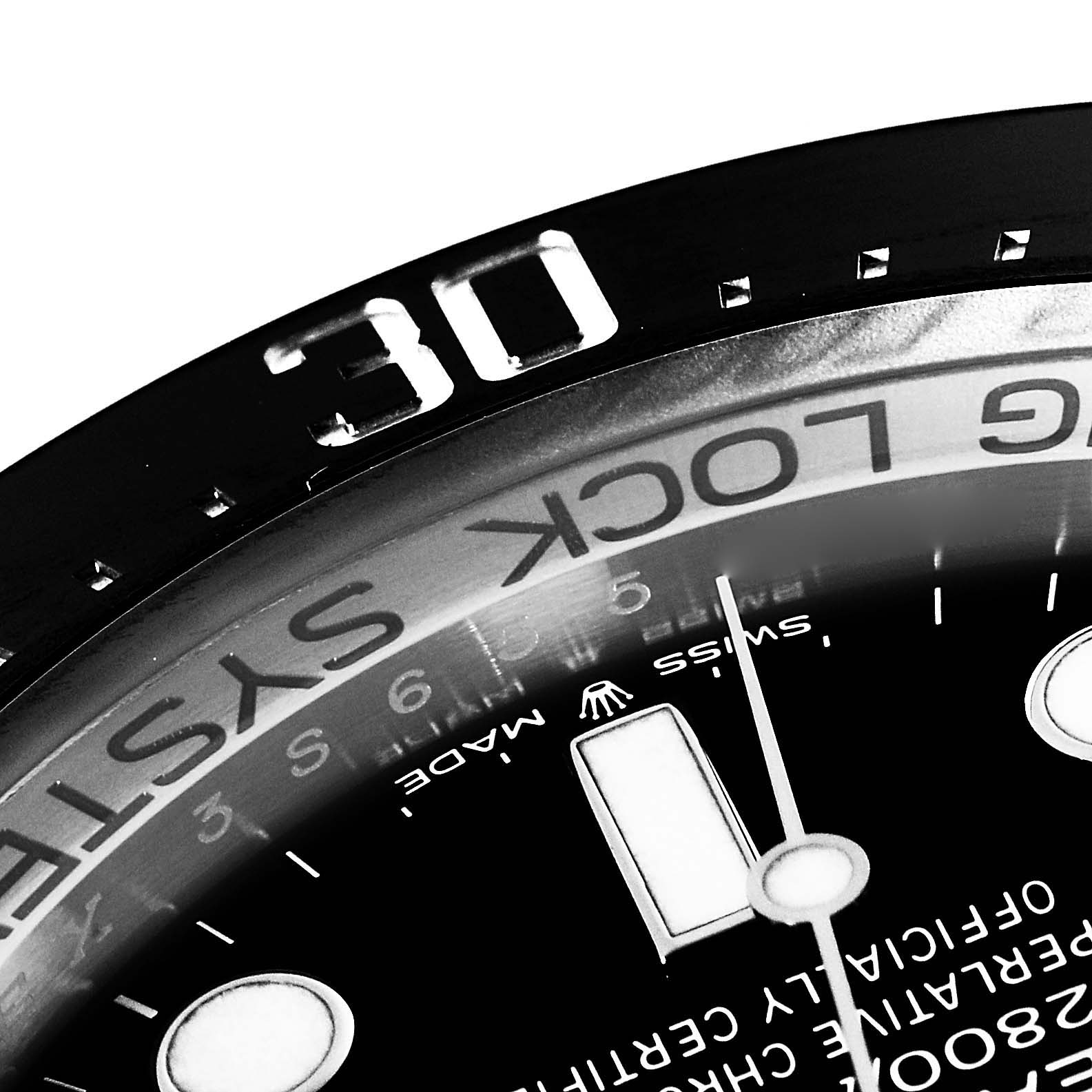 The image shows a close-up of the bezel and part of the dial of the Rolex Sea-Dweller 126660 Men
s Stainless Steel Blue Dial 126660 Men
s Stainless Steel Blue Dial watch at an angled perspective.
