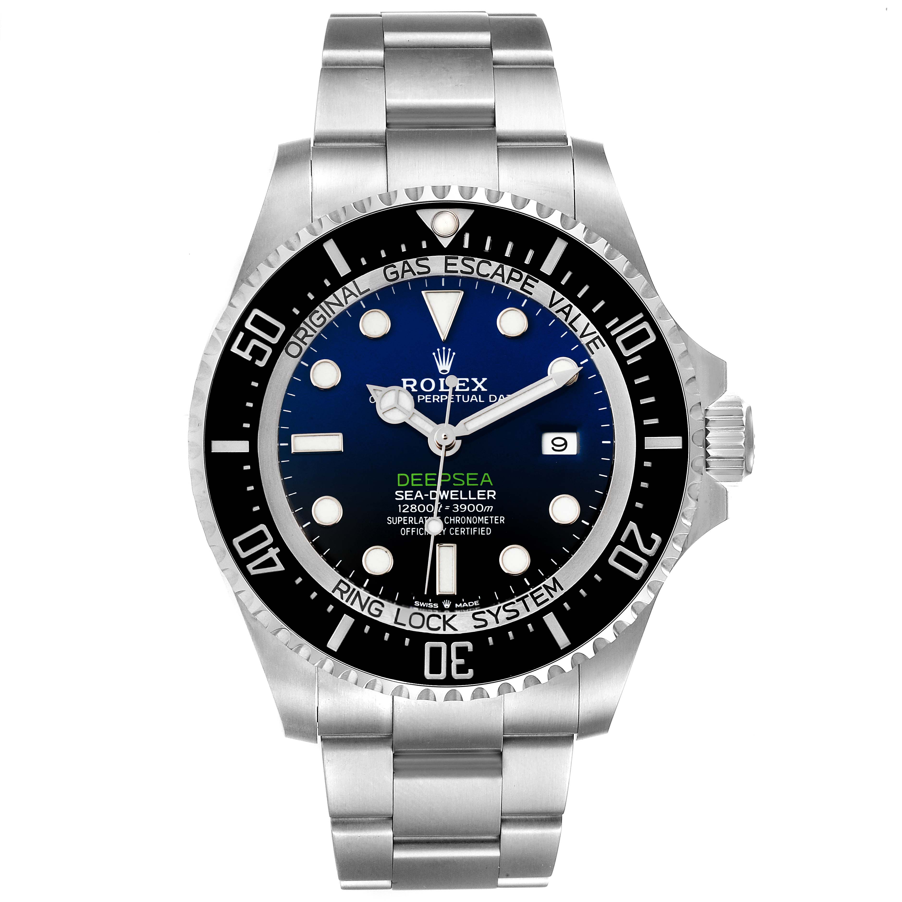 The image shows a front view of the Rolex Sea-Dweller 126660 Men
s Stainless Steel Blue Dial 126660 Men
s Stainless Steel Blue Dial watch, highlighting its bezel, dial, bracelet, and crown.