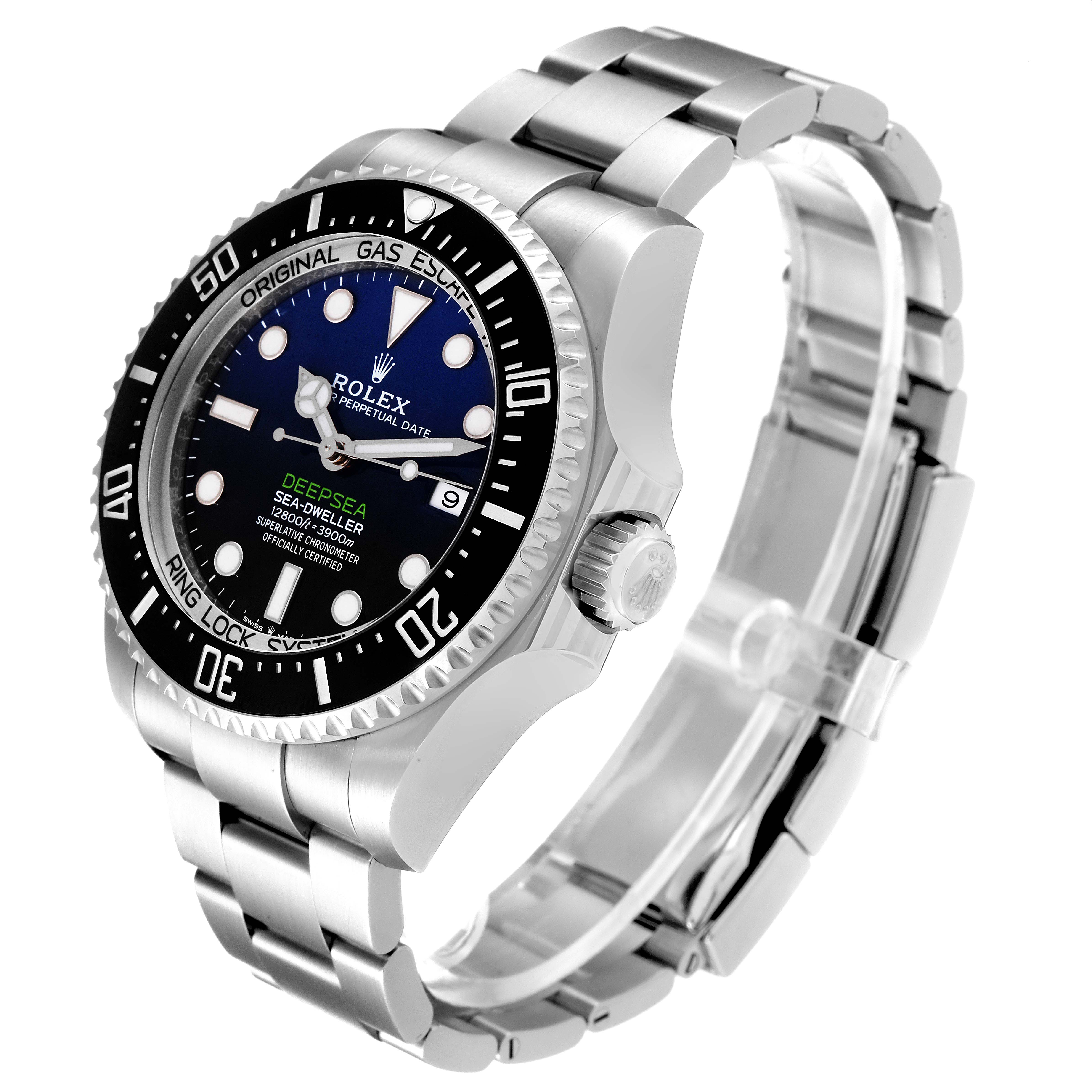 The Rolex Sea-Dweller 126660 Men
s Stainless Steel Blue Dial 126660 Men
s Stainless Steel Blue Dial watch is displayed at a three-quarter angle, showing the dial, bezel, and bracelet.