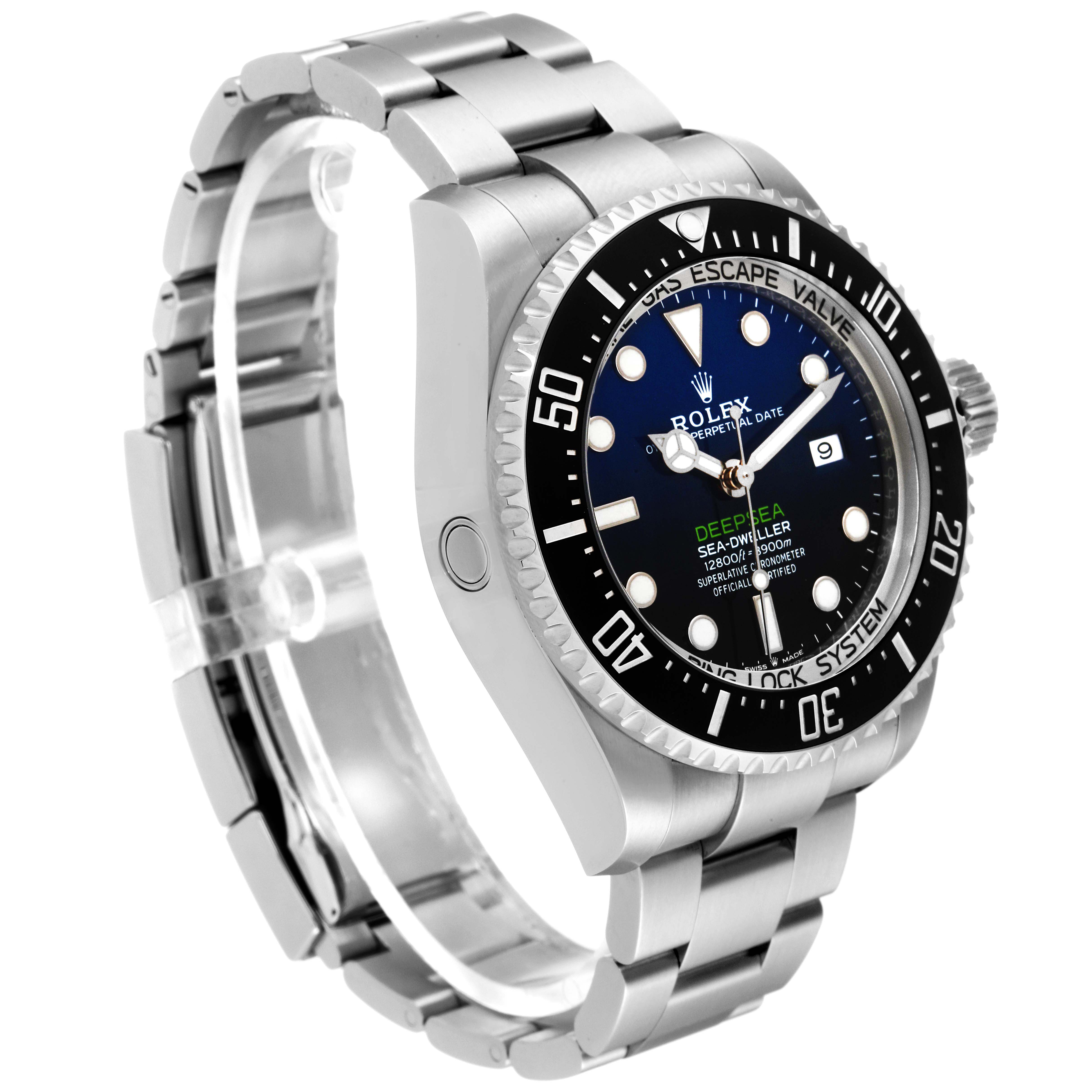 The image shows a Rolex Sea-Dweller 126660 Men
s Stainless Steel Blue Dial 126660 Men
s Stainless Steel Blue Dial watch at a slightly tilted angle, highlighting the face, bezel, case, and bracelet.